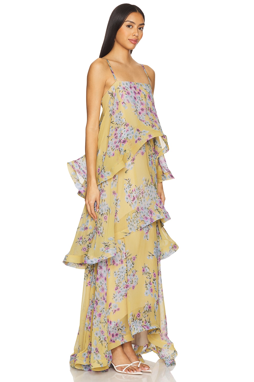 Spaghetti Strap Floral Ruffle Maxi Dress