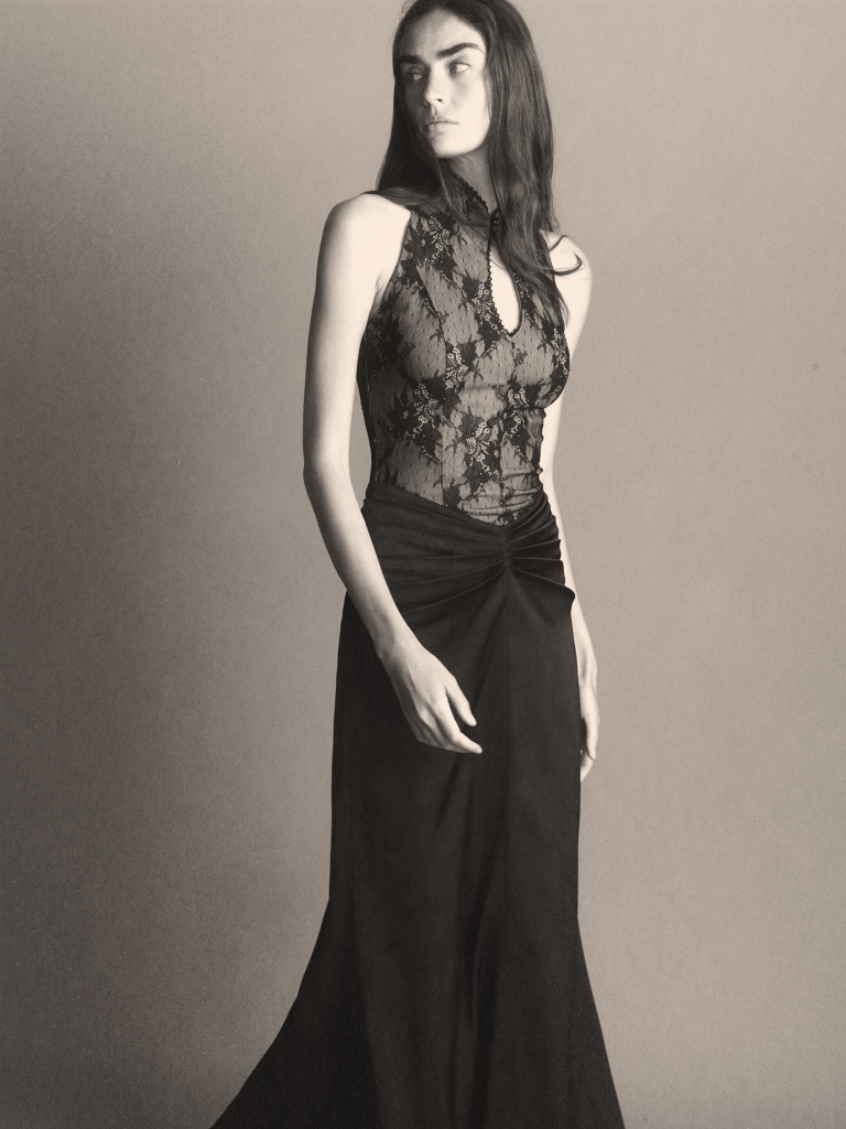 Maxi dress with a lace bodice and hip draping