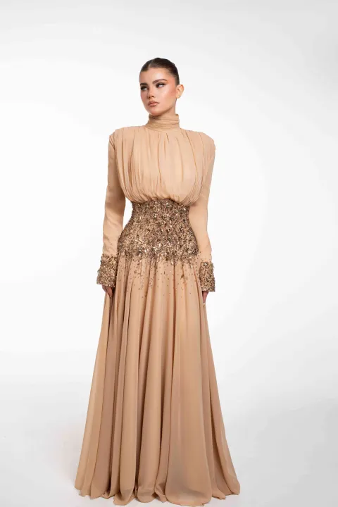 Luxury Hand-Beaded Waist Long Sleeve Chiffon Maxi Gown