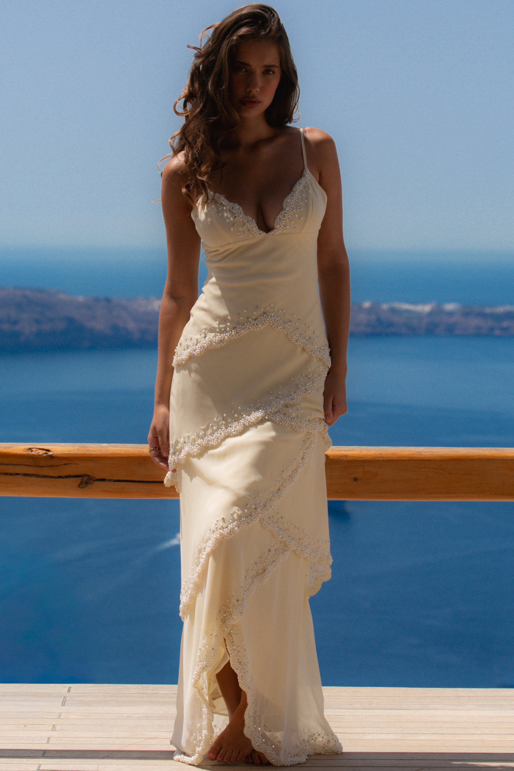 Sorelle Vanilla Georgette Hand Embellished Tiered Maxi Dress