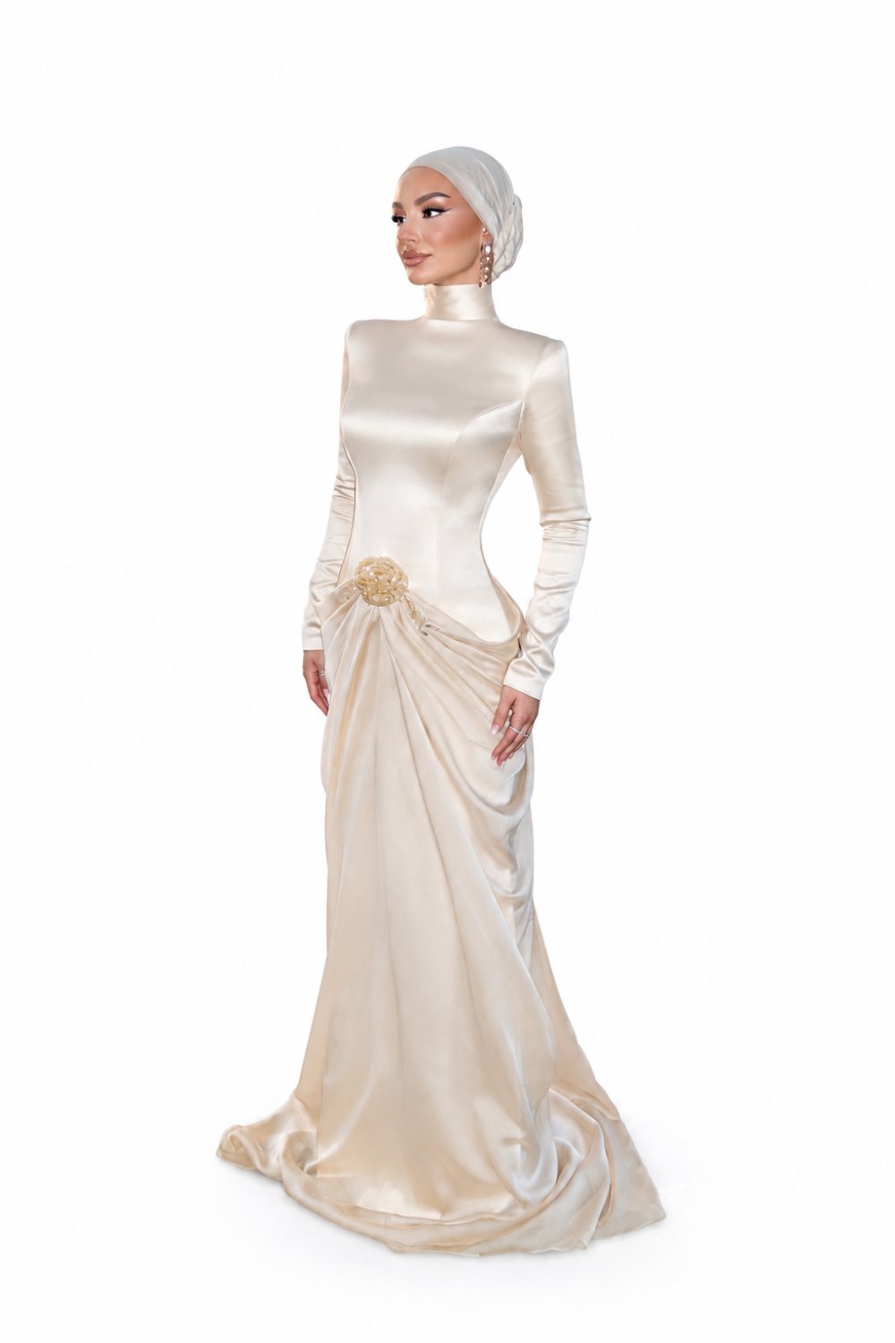 Elegant Ivory Satin Long Sleeve Modest Gown