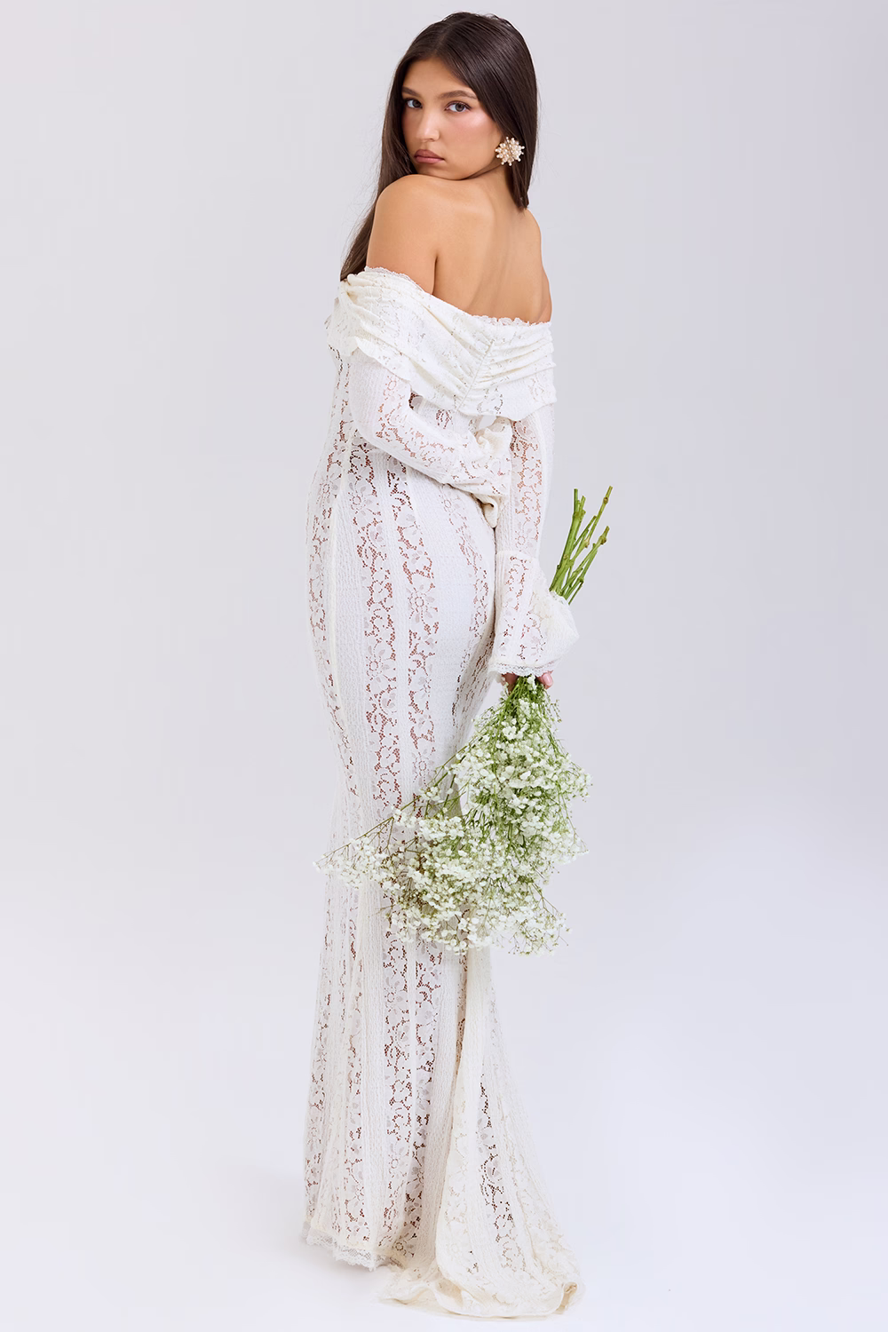 Belle Vintage Cream Floral Lace Off Shoulder Maxi Dress