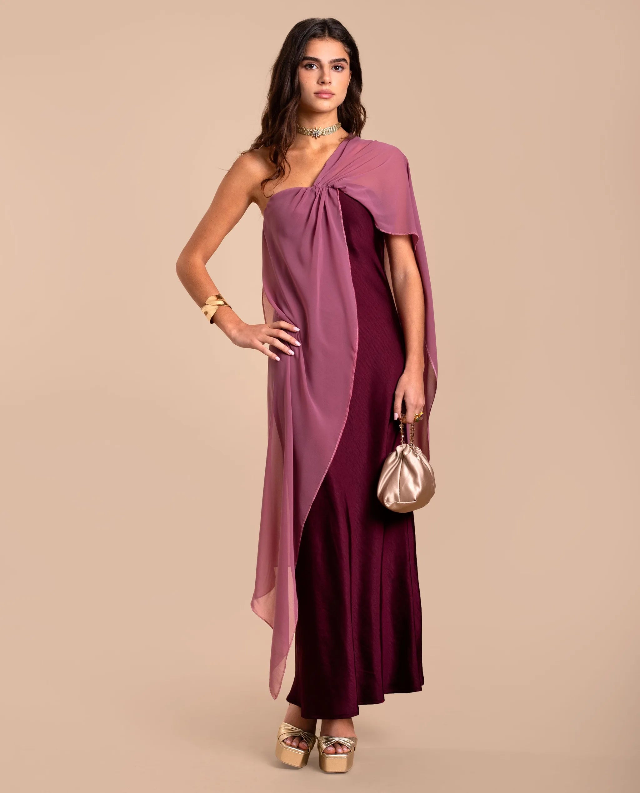 Flowy Chiffon Cape Overlay Gown