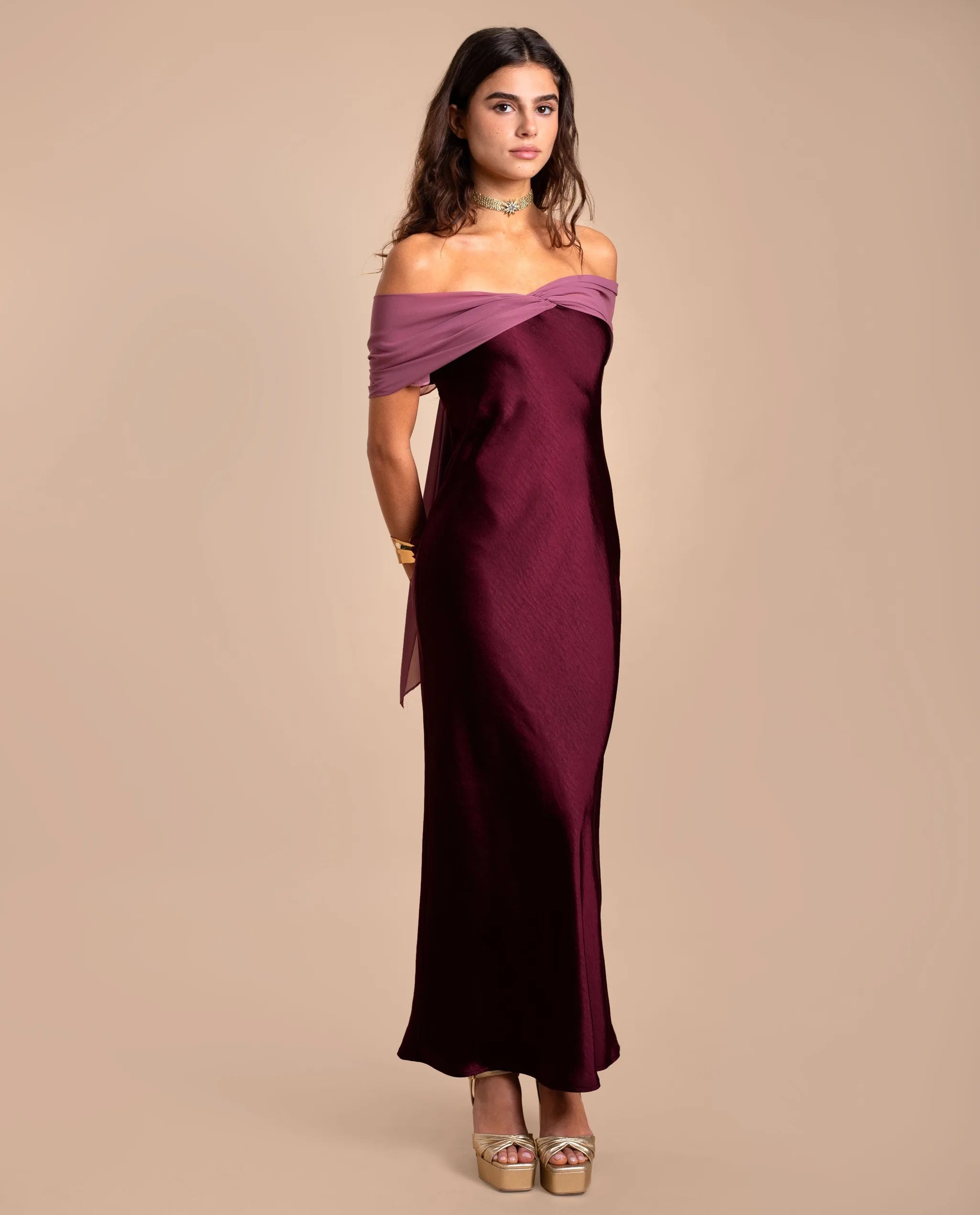 Flowy Chiffon Cape Overlay Gown