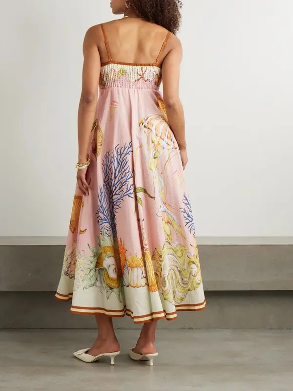 Sam Pauletto Nereids Shirred Printed Linen-gauze Midi Dress - Pink