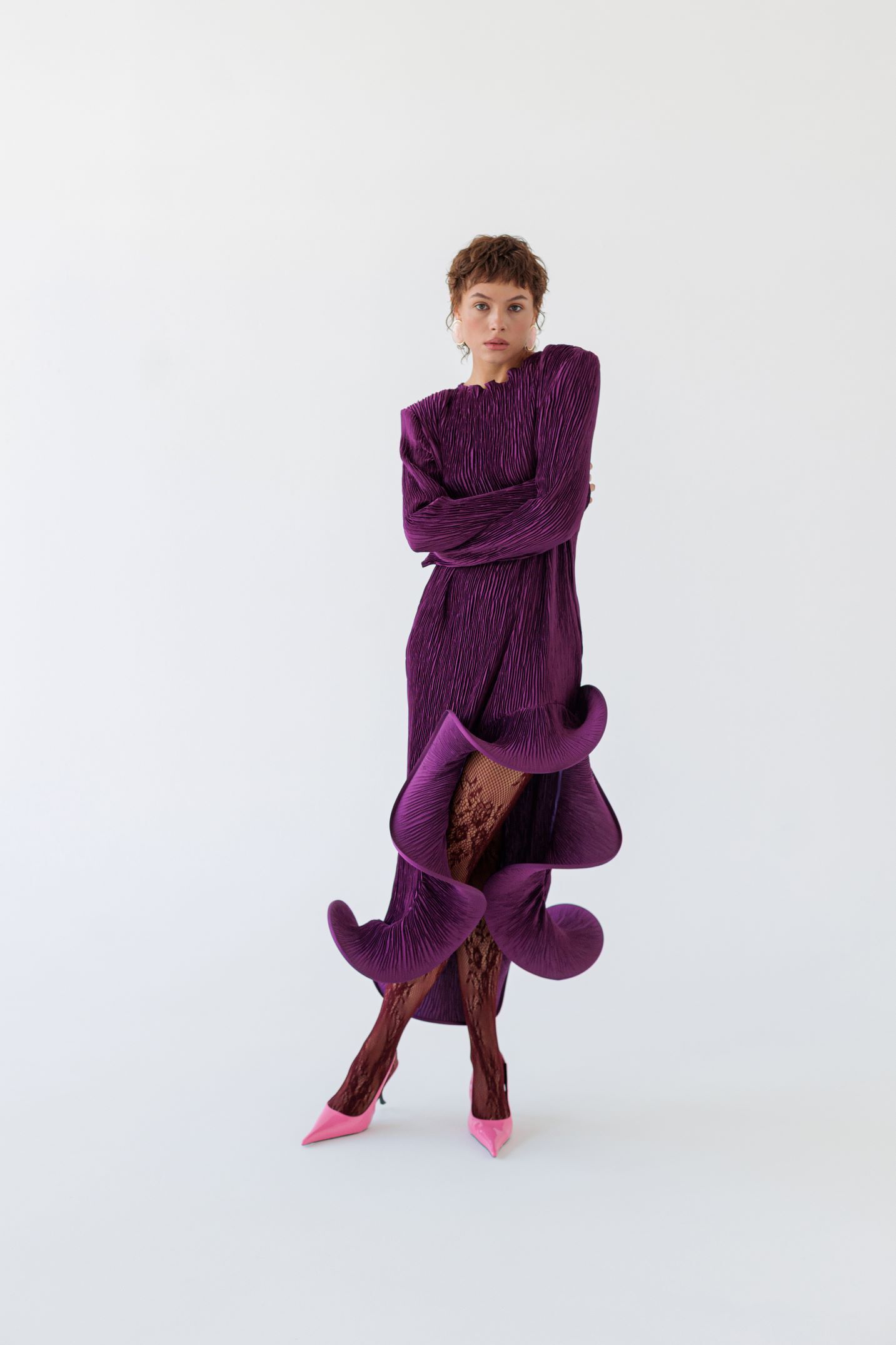 Flared Skirt with Ruffled Hem Long-sleeve Dress