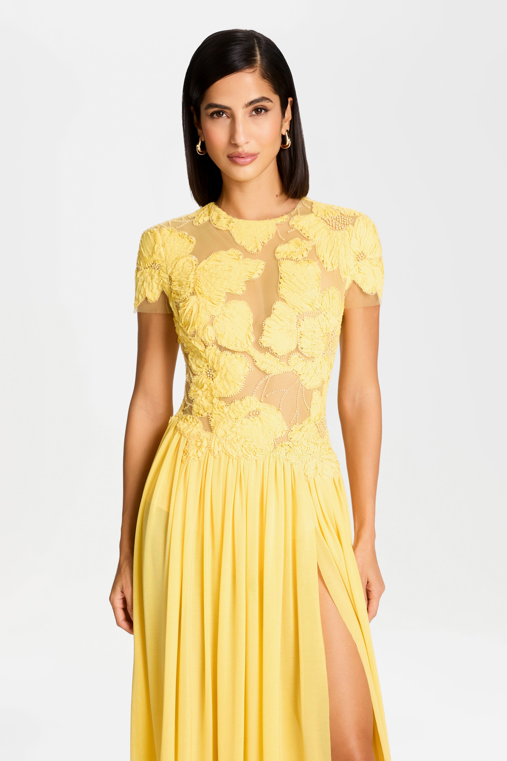 Sheer Neck Floral Applique High Slit Gown