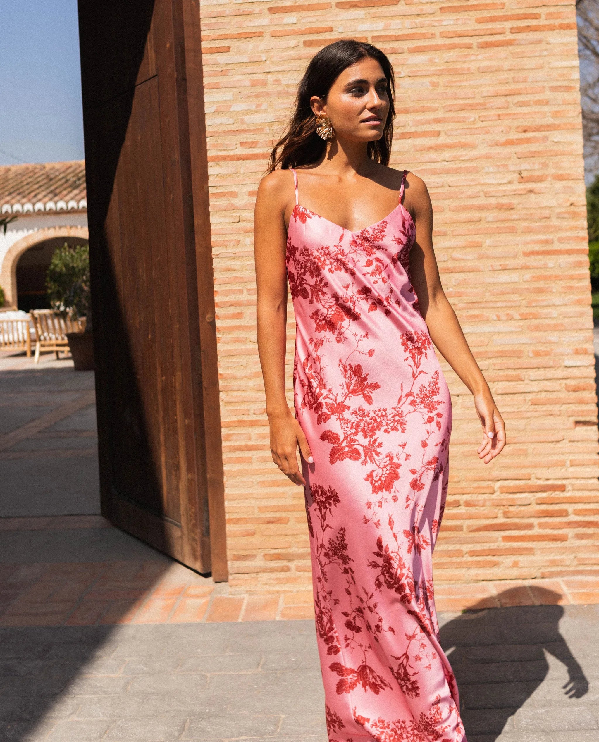 Spaghetti Strap Floral Satin Maxi Dress