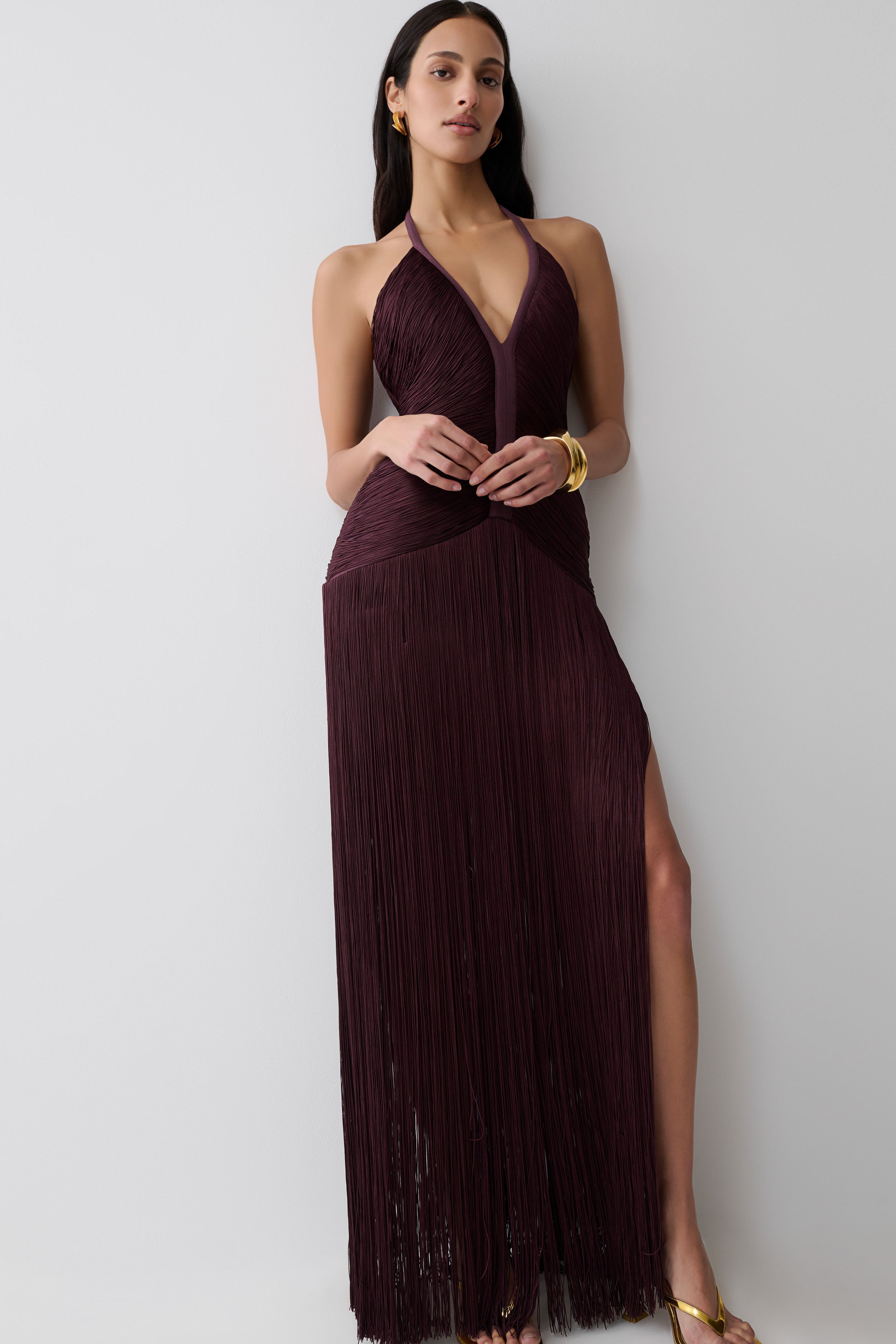 Plum Halter Fringe Maxi Dress