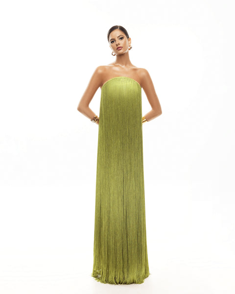 Monroe Pistachio Fringe Strapless Gown