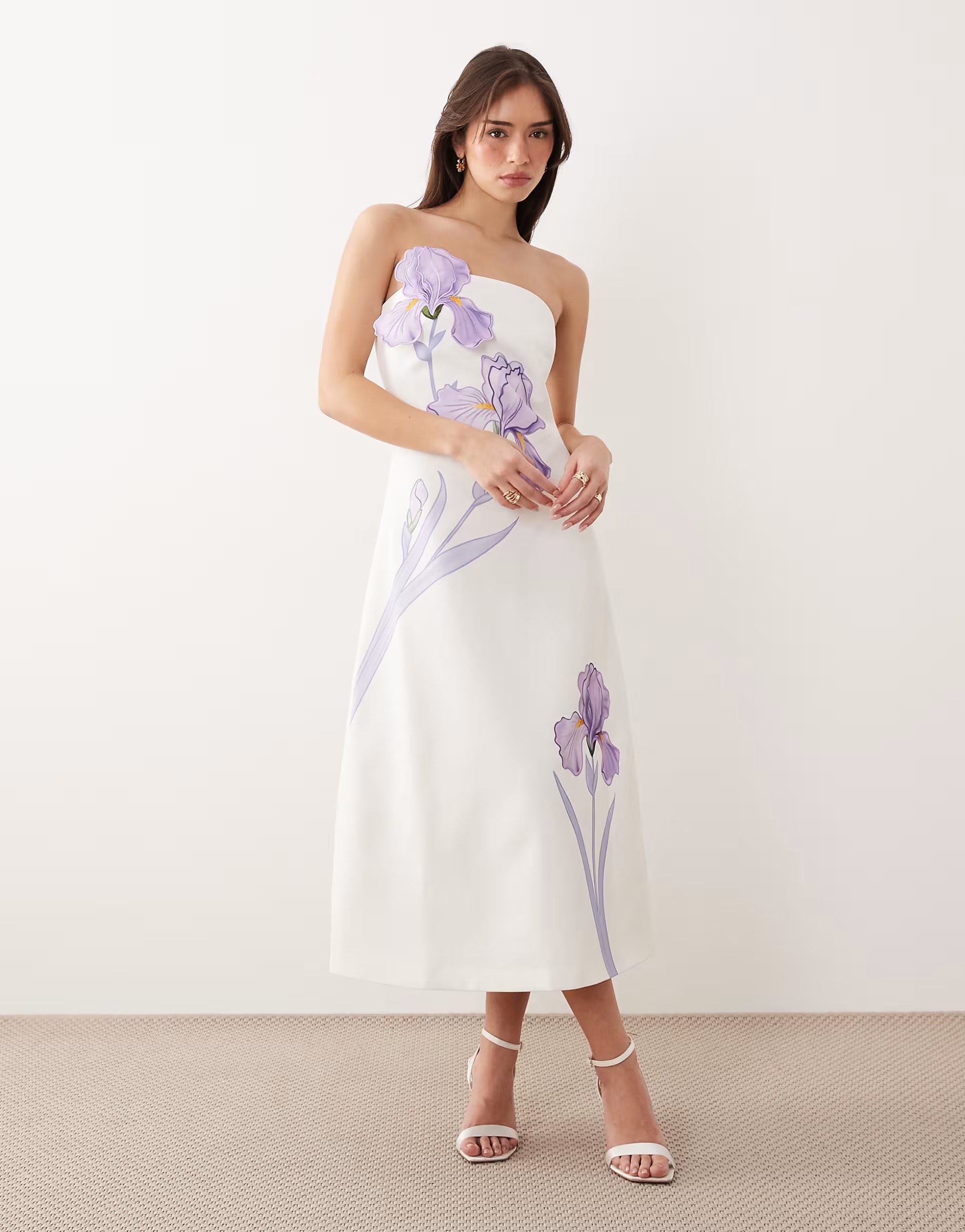White Midi Dress With Purple Iris Art