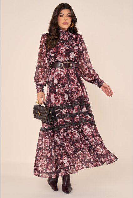 Vestido Longo Floral com Guipir Vinho