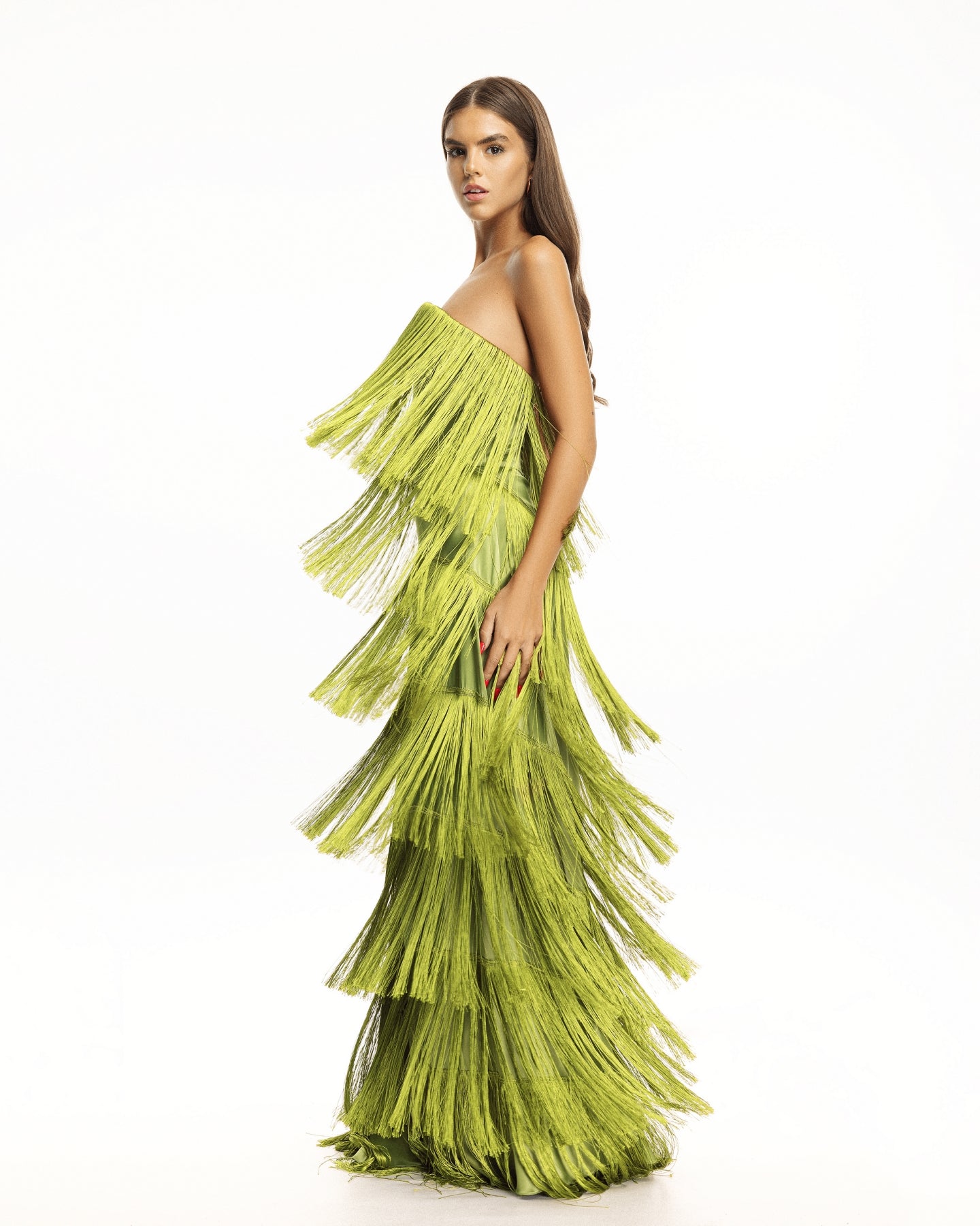 Monroe Pistachio Fringe Strapless Gown