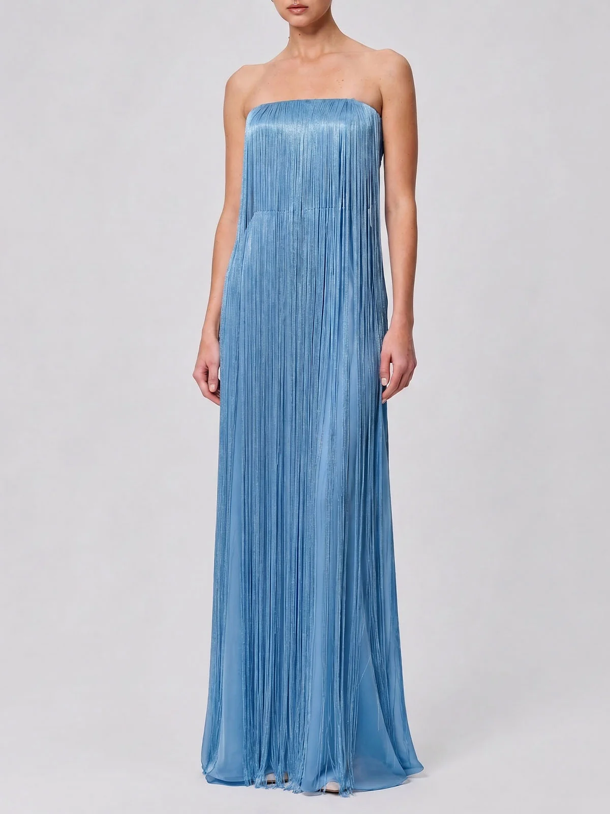 Flowy Fringe Strapless Sheath Silky Satin Prom Maxi Dress - Blue