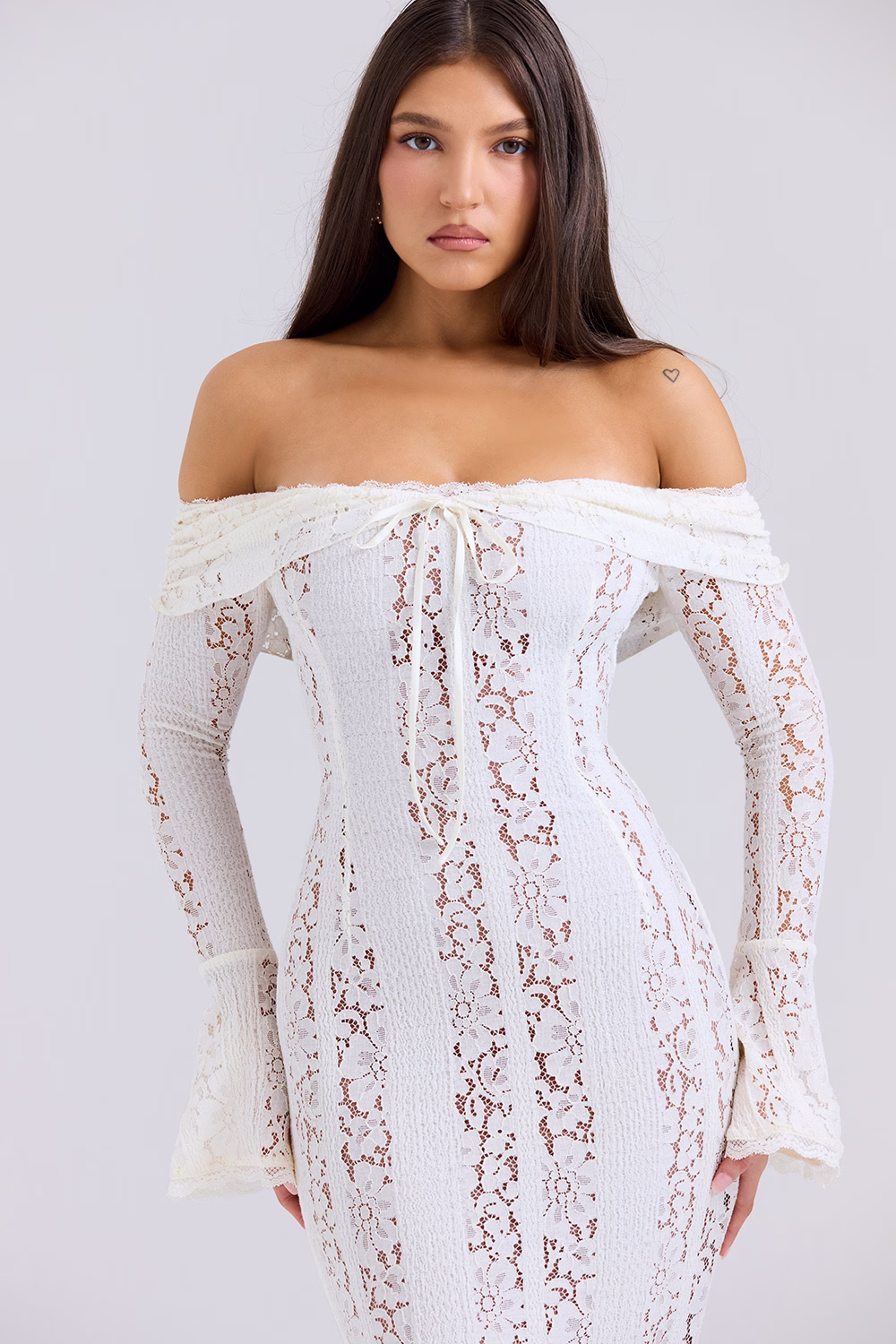 Belle Vintage Cream Floral Lace Off Shoulder Maxi Dress
