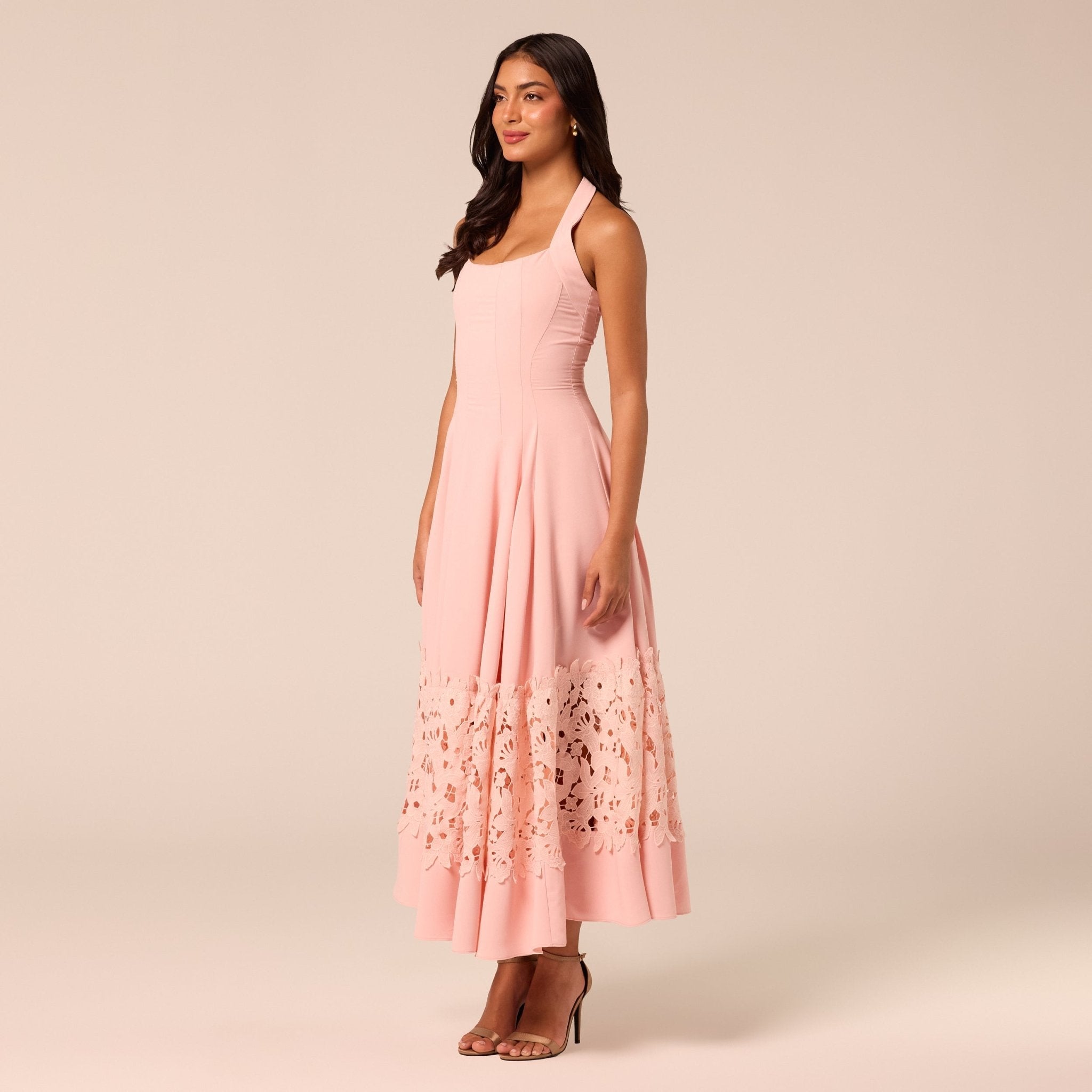 Pink Sleeveless Lace-Paneled Crepe Midi Dress