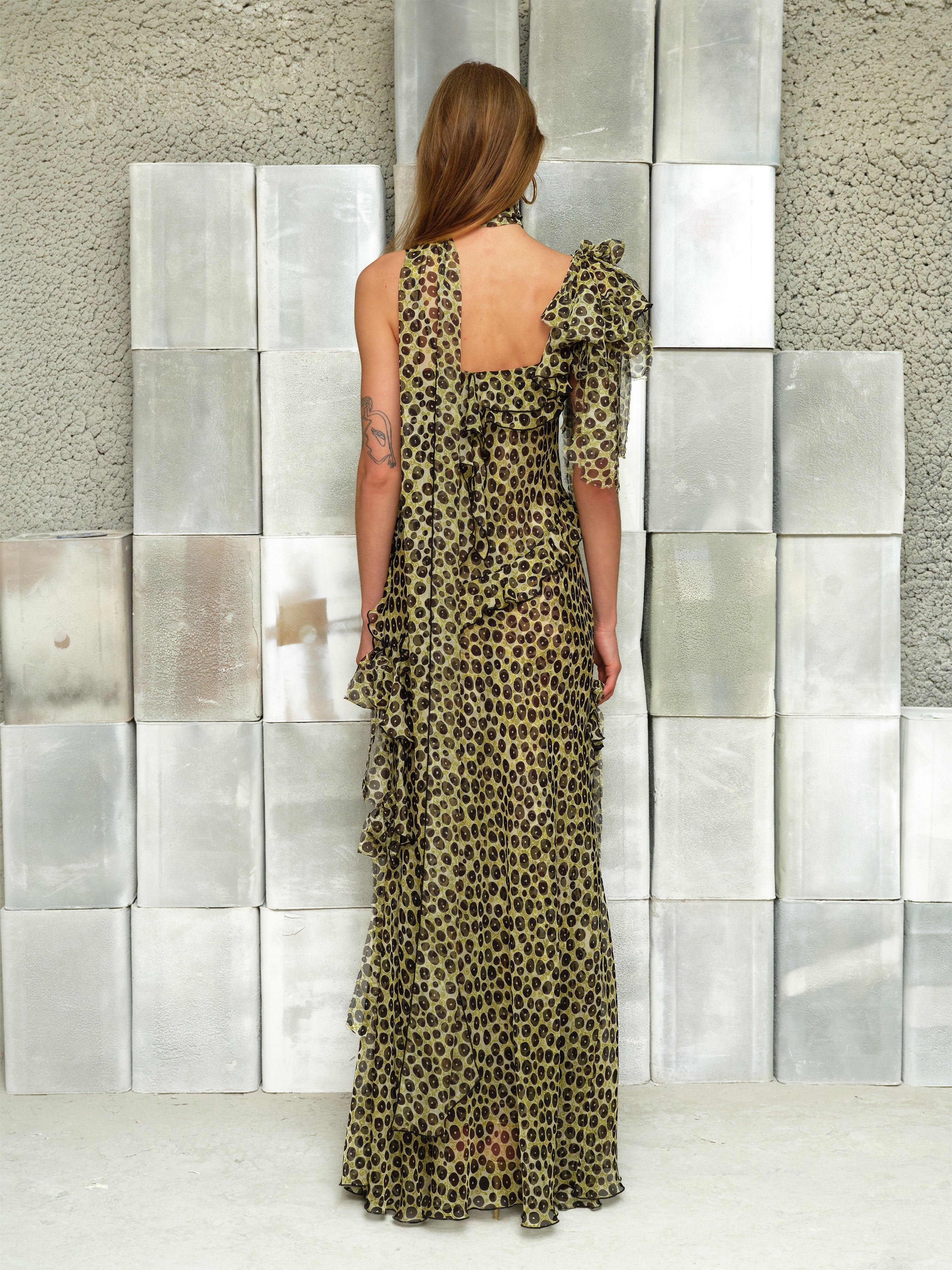 MONICA - Ruffled chiffon maxi dress with scarf detail
