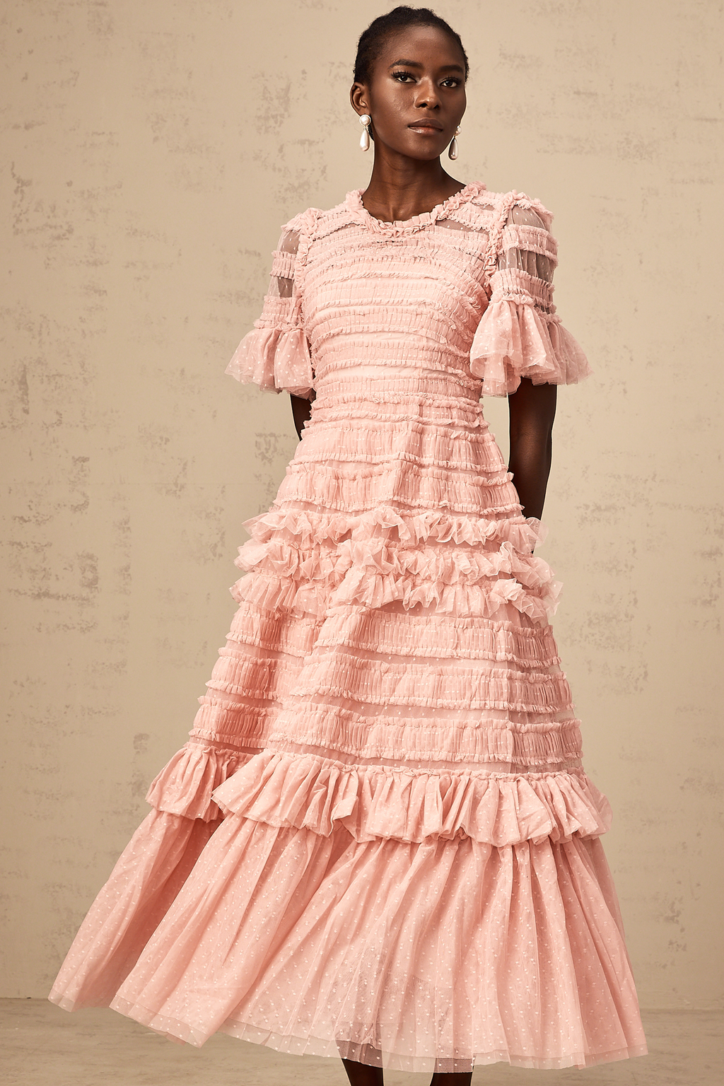 Aimée pink dot-detail ruffled tulle midi dress - S / Pink