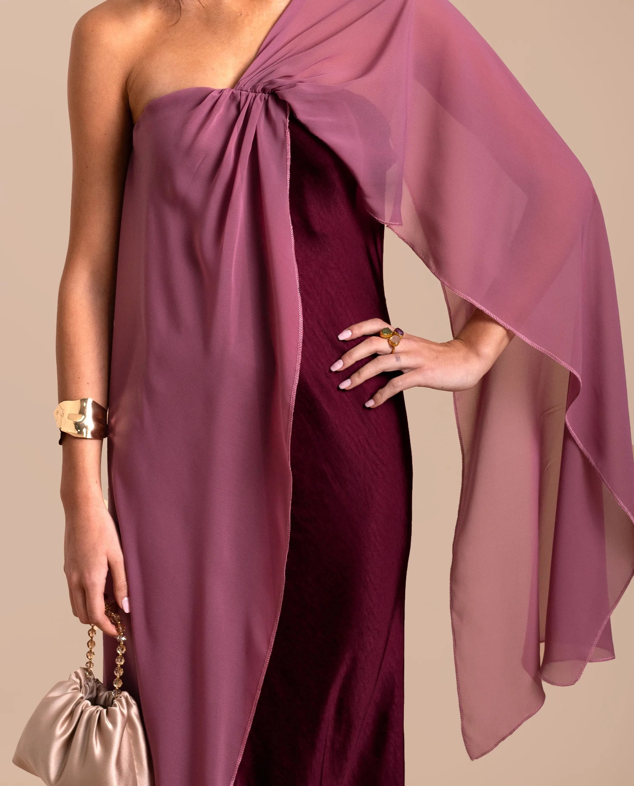 Flowy Chiffon Cape Overlay Gown