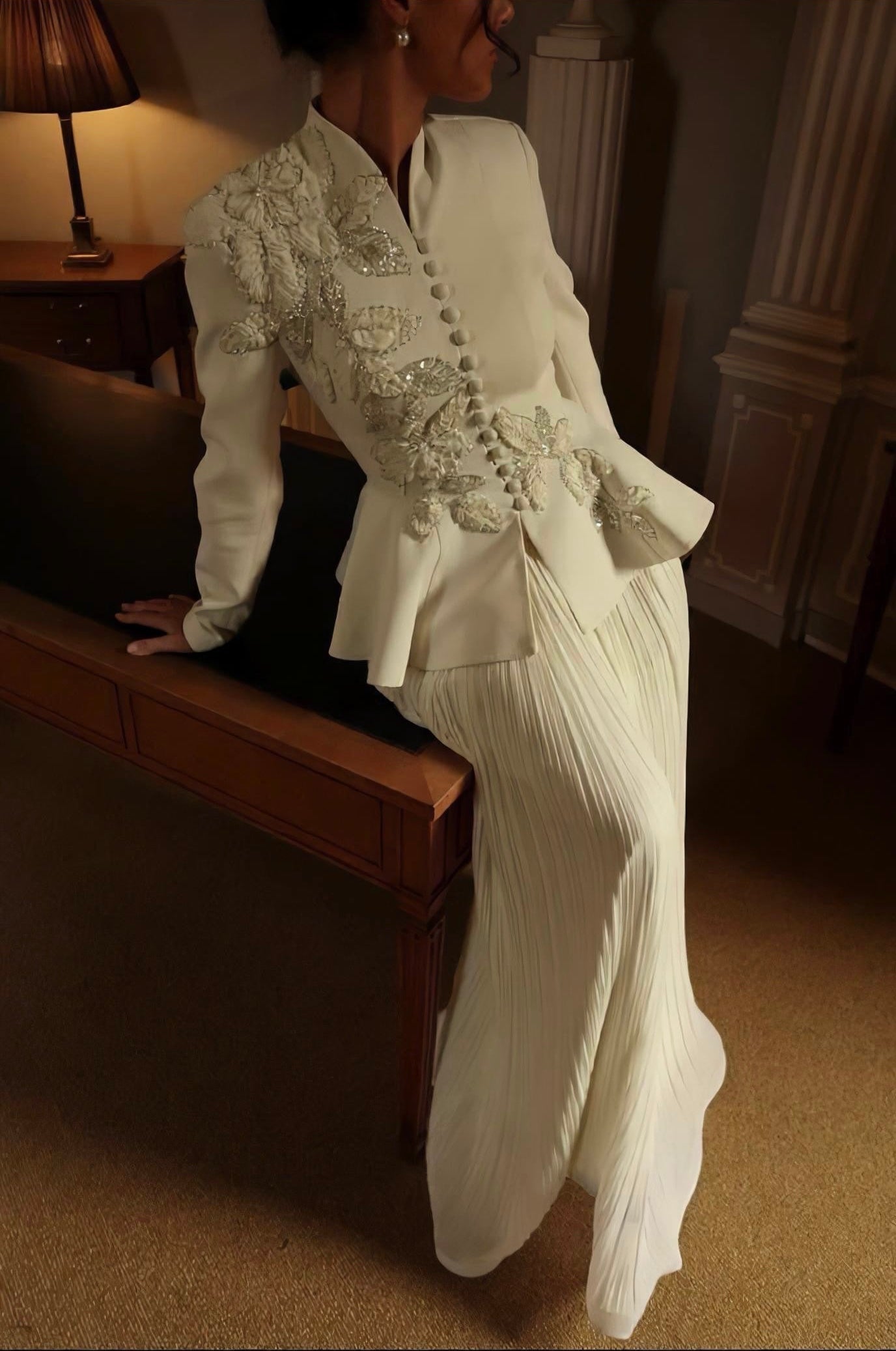 Ivory Beaded Embroidery Peplum Suit