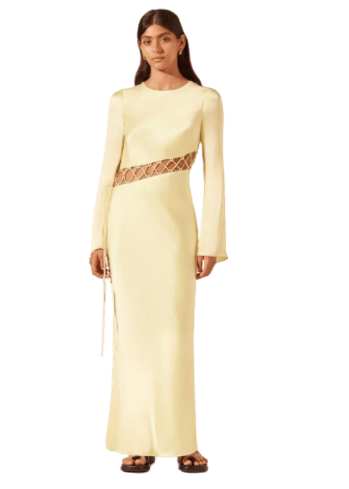 Yellow Cutout Waist Long Sleeve Dress