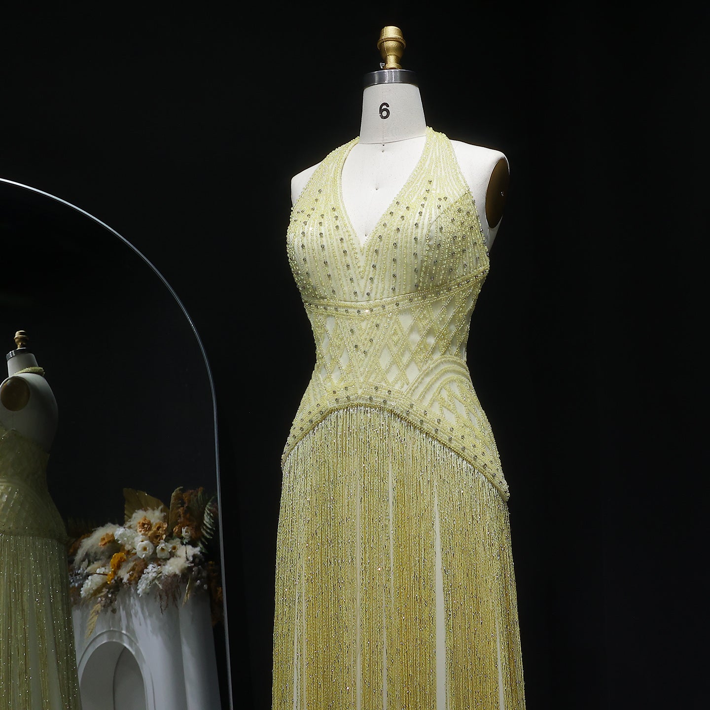 Gala Exquisite Yellow Beaded Halter Neck Deep V Evening Dress SS554