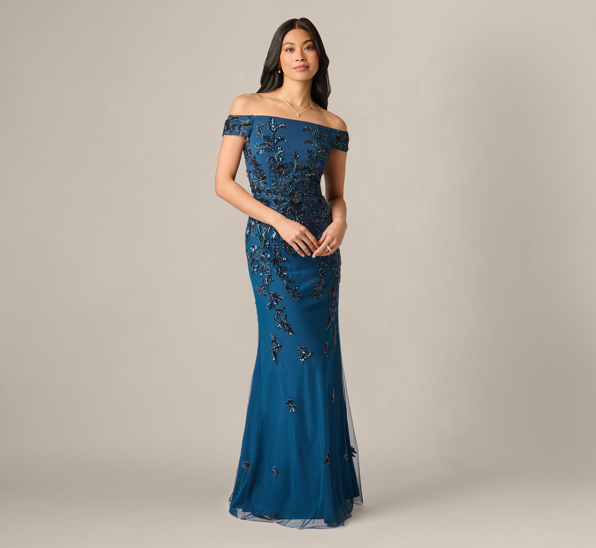 Off Shoulder Floral Beaded Stretch Crepe Mermaid Gown In Deep Blue