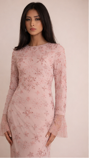 Pink Star Sequin Evening Dress With Flare Sleeves