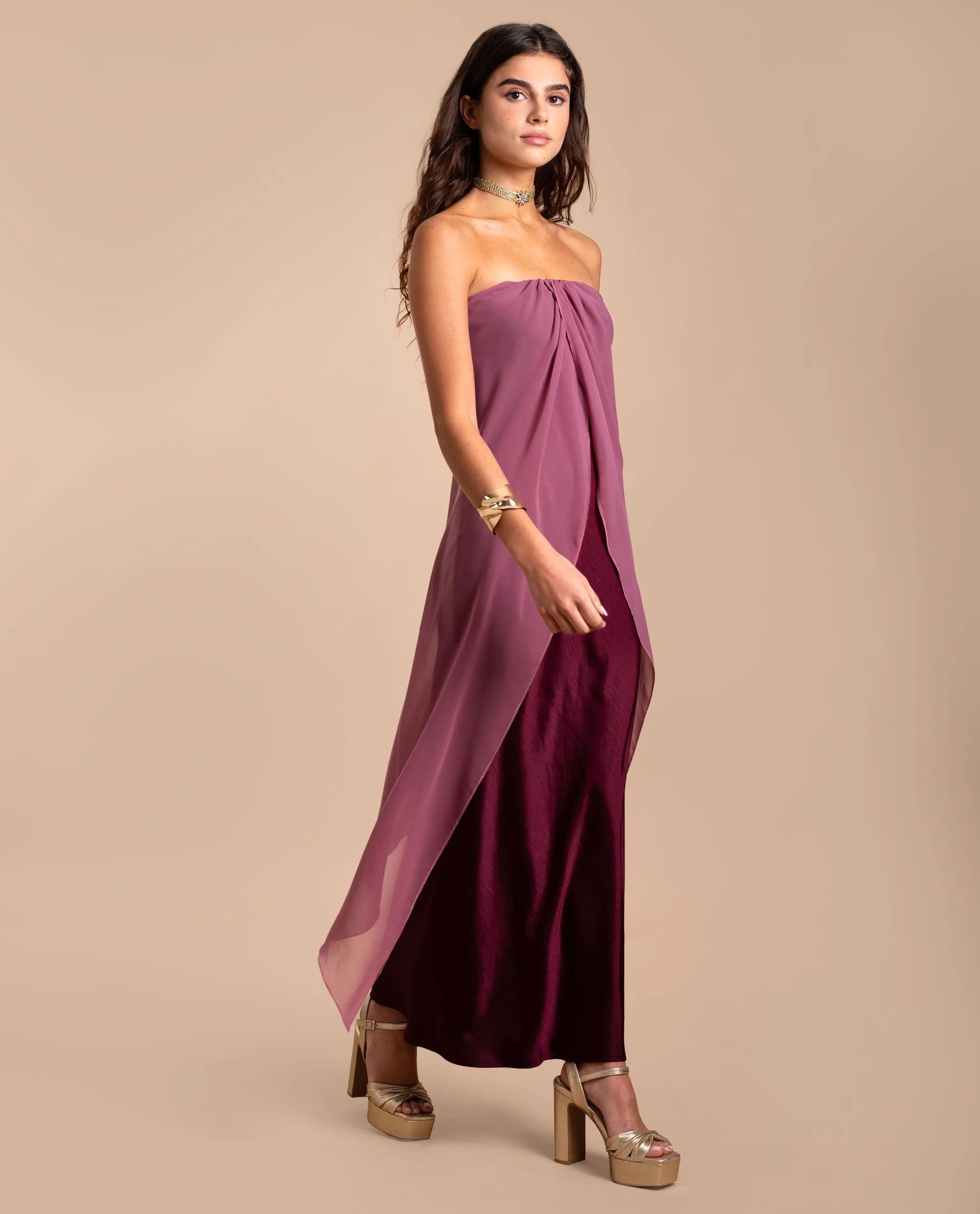 Flowy Chiffon Cape Overlay Gown
