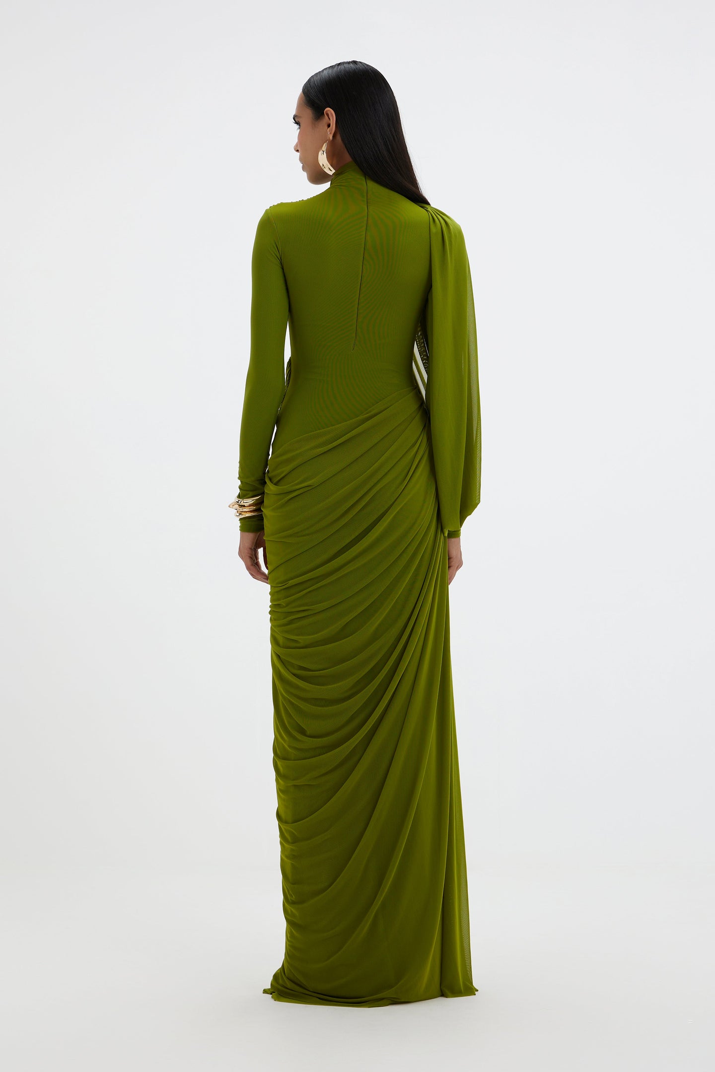 Ruched Draped Long Sleeve Mesh Maxi Dress