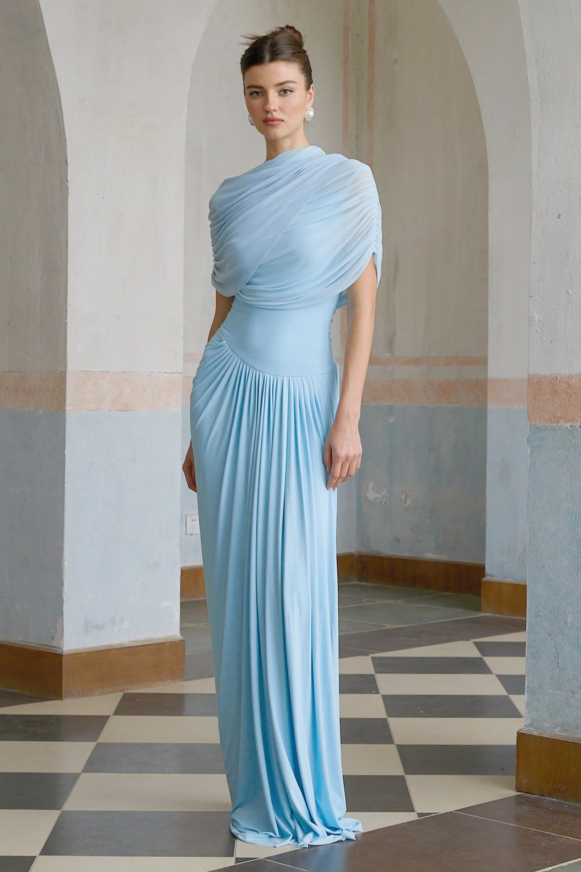 Catherine Asymmetrical Pleated Maxi Dress in Baby-blue
