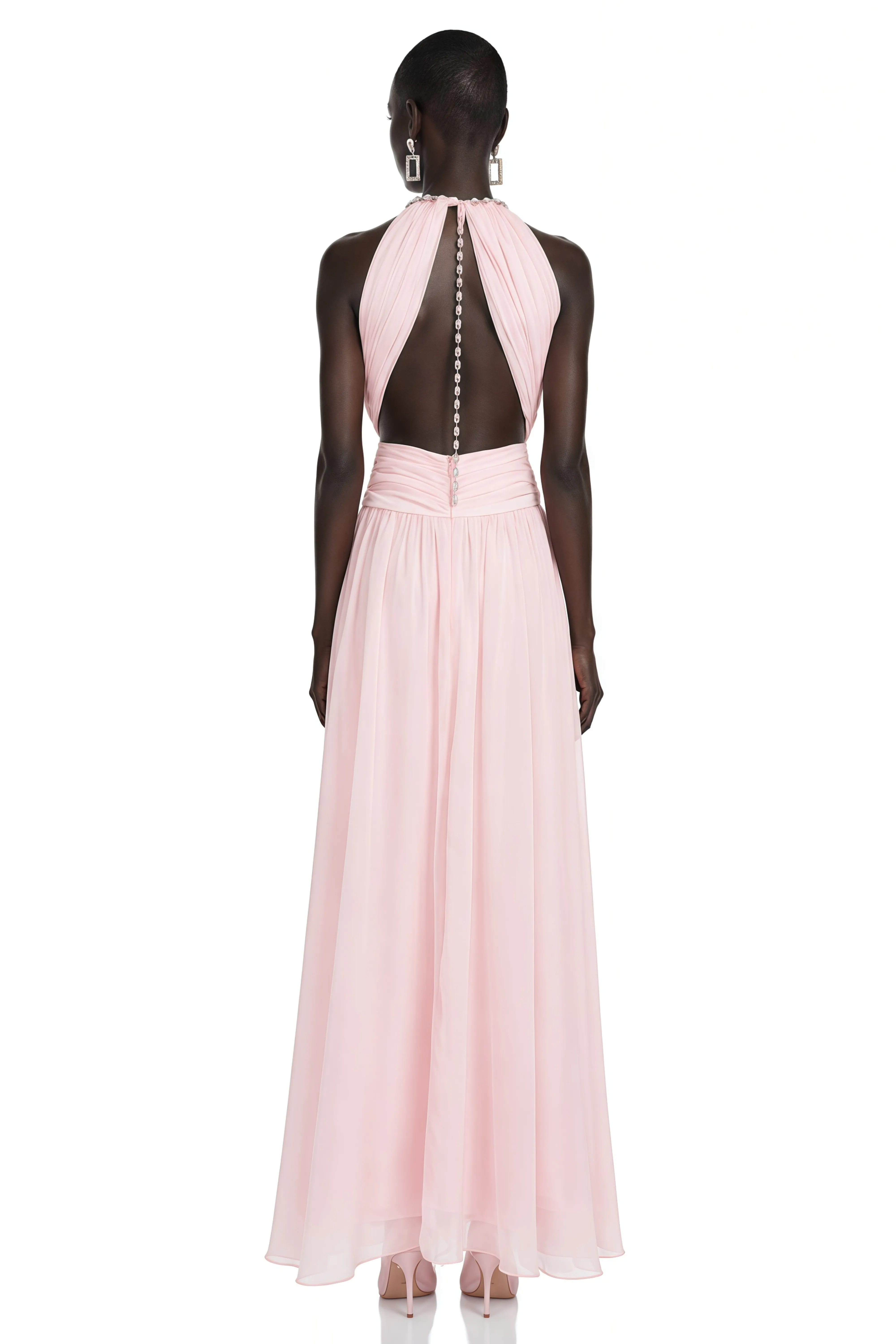 Maristelle Pink Ruched Halterneck Maxi Dress