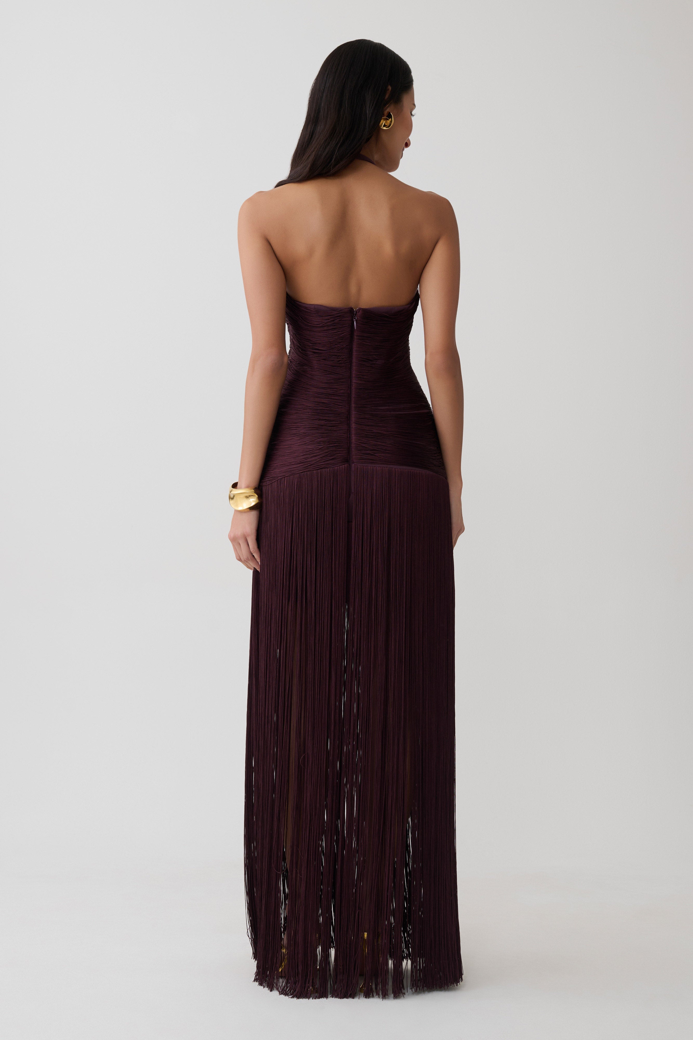 Plum Halter Fringe Maxi Dress