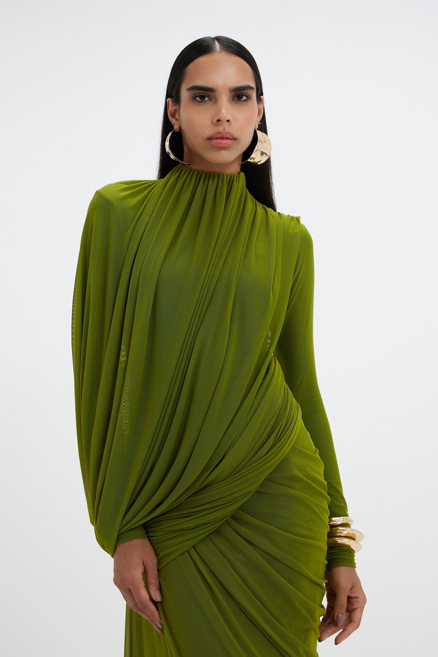 Ruched Draped Long Sleeve Mesh Maxi Dress
