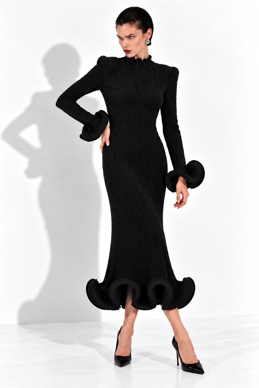 Flared Skirt with Ruffled Hem Long-sleeve Dress