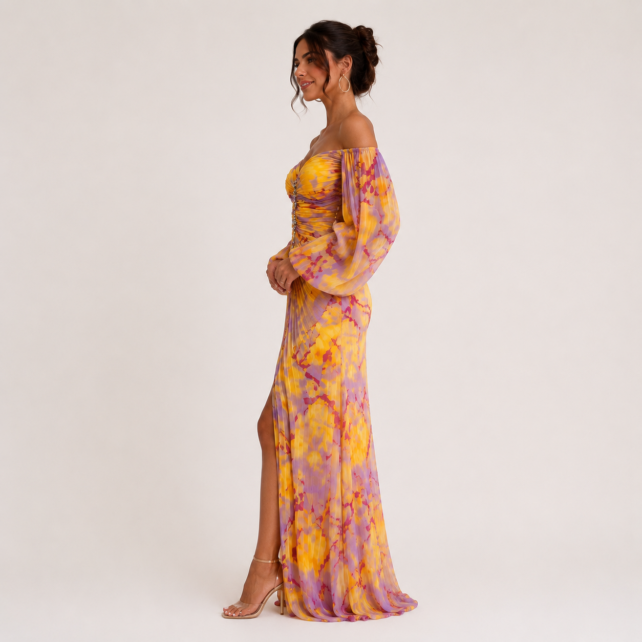 Sunset Marble Print Off Shoulder Maxi Dress