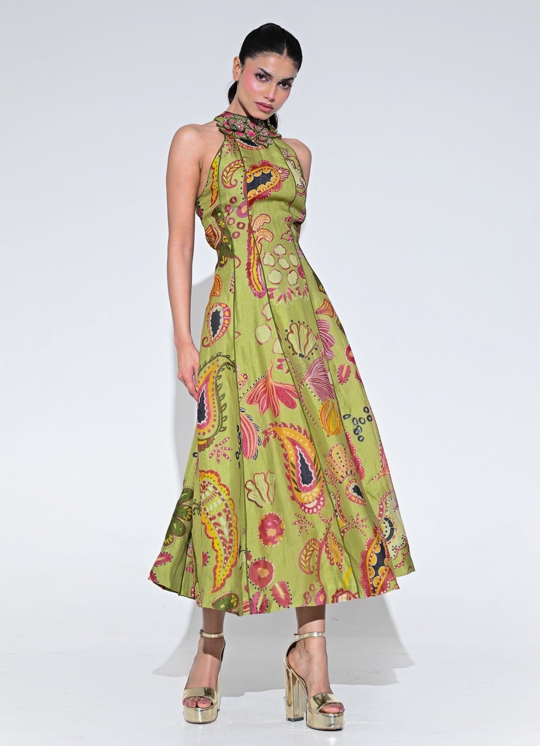 Olive Green Organza Halter Midi Dress