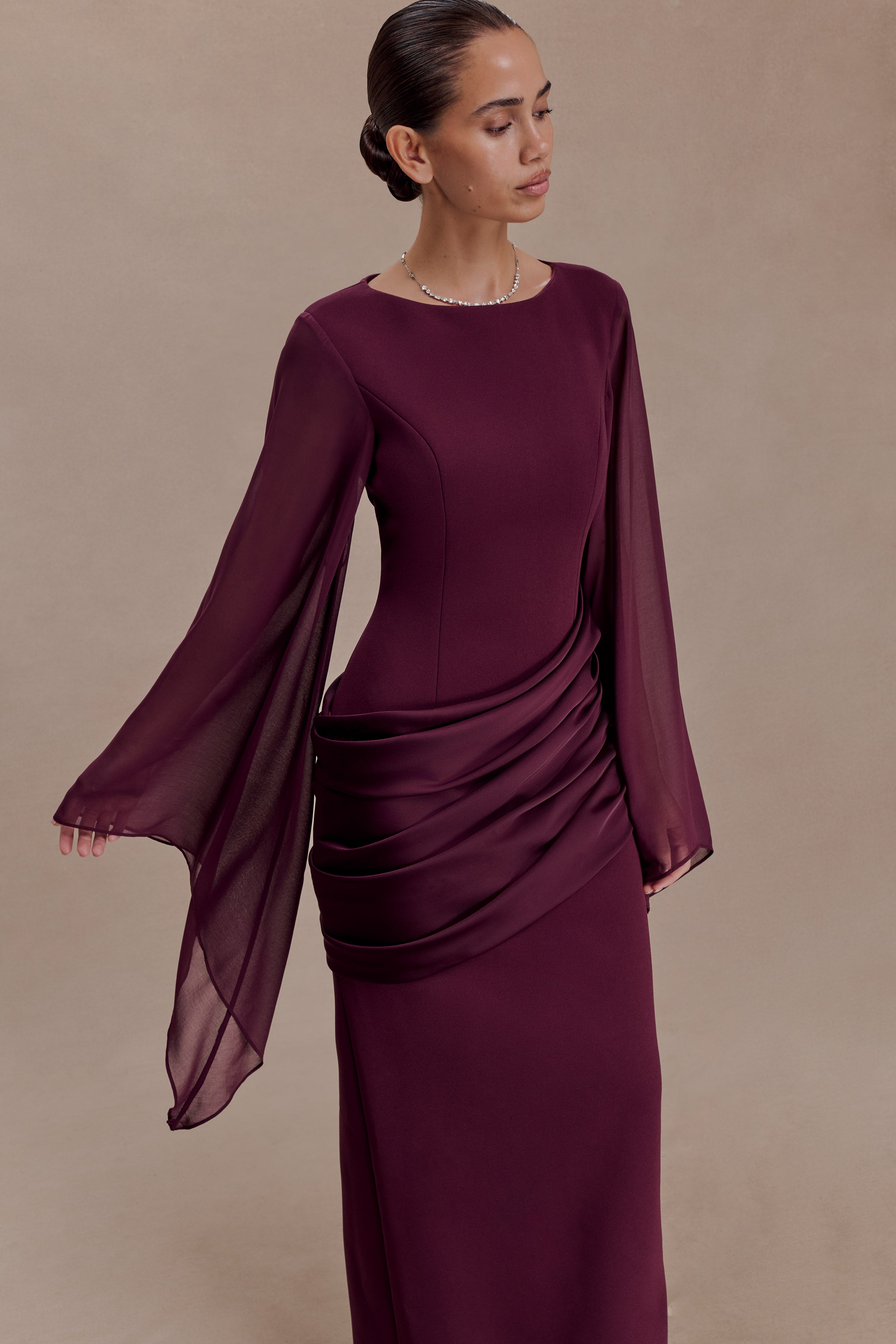 Samantha Waterfall Sleeves Maxi Dress - Wine