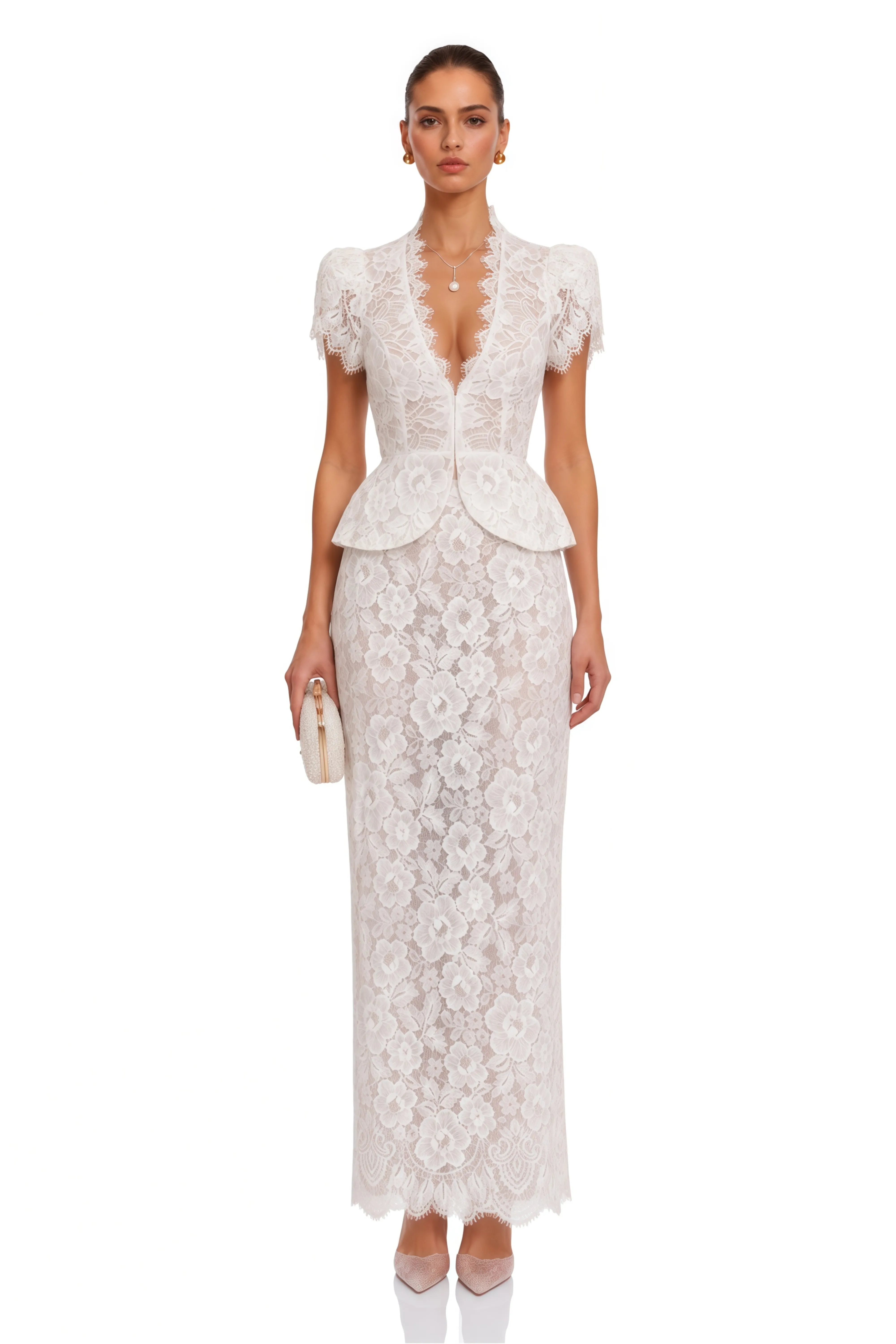 Delilah White Lace High Neck Peplum Blouse &Skirt Set