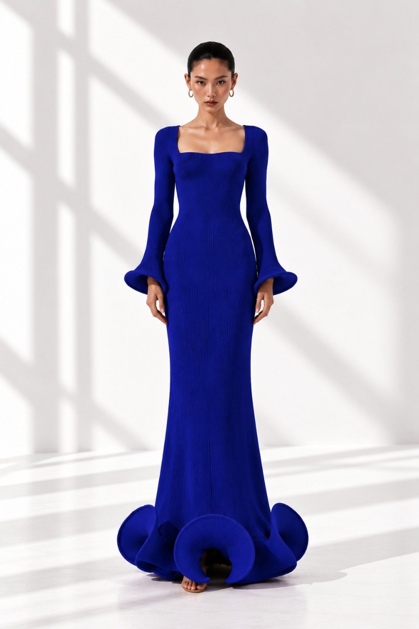Flared Skirt with Ruffled Hem Long-sleeve Dress