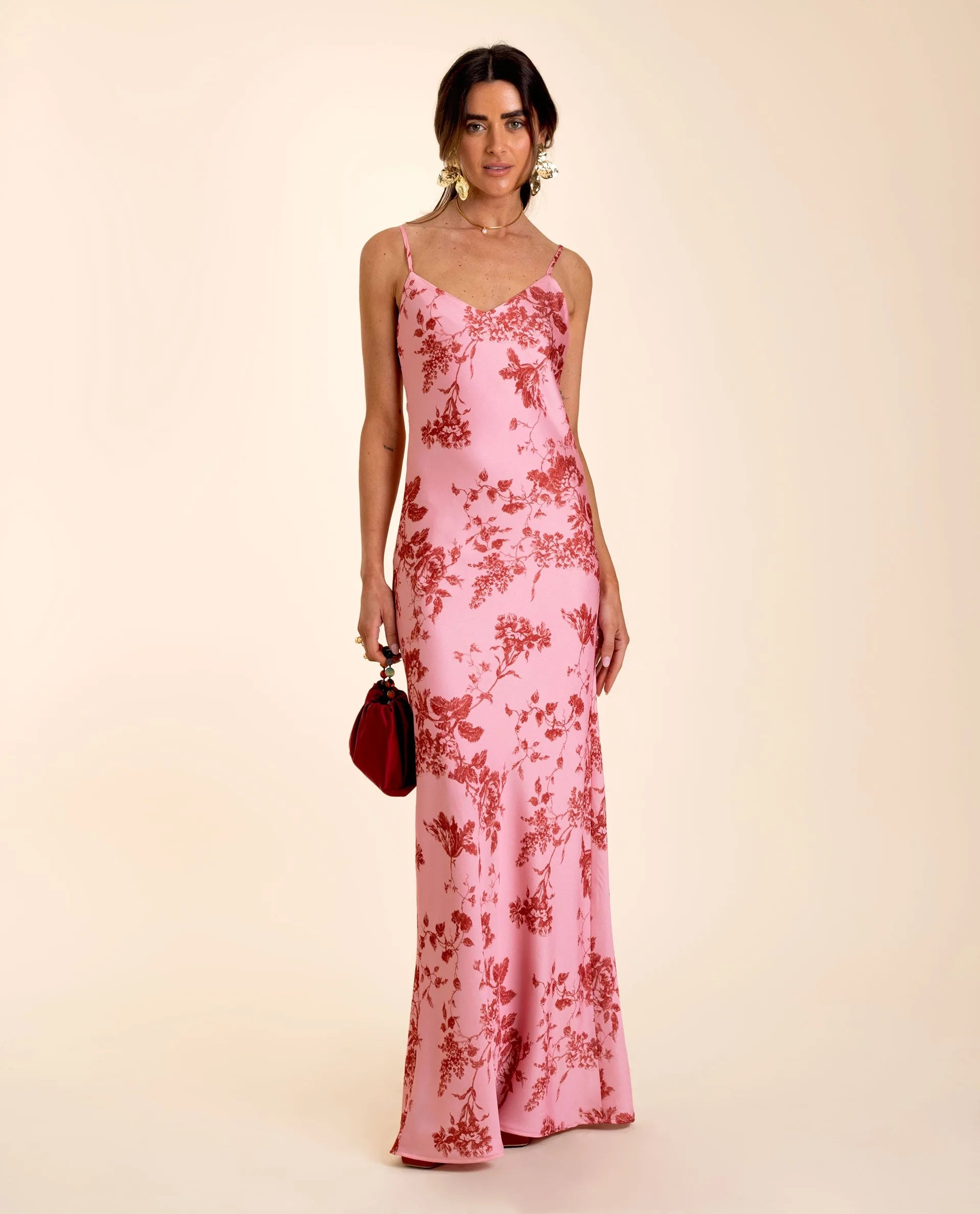 Spaghetti Strap Floral Satin Maxi Dress