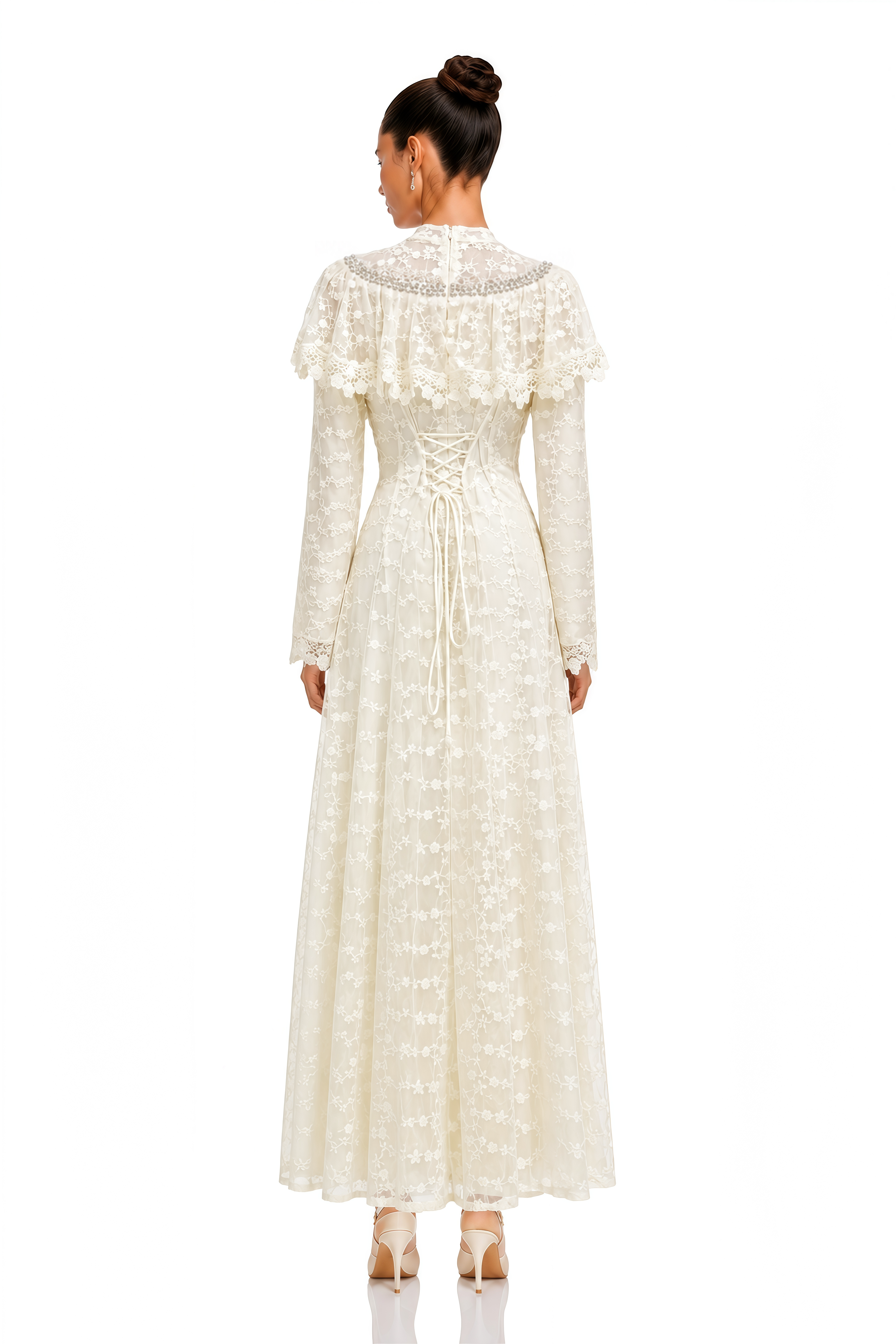 Kira Neutral Lace Button-Front Maxi Dress