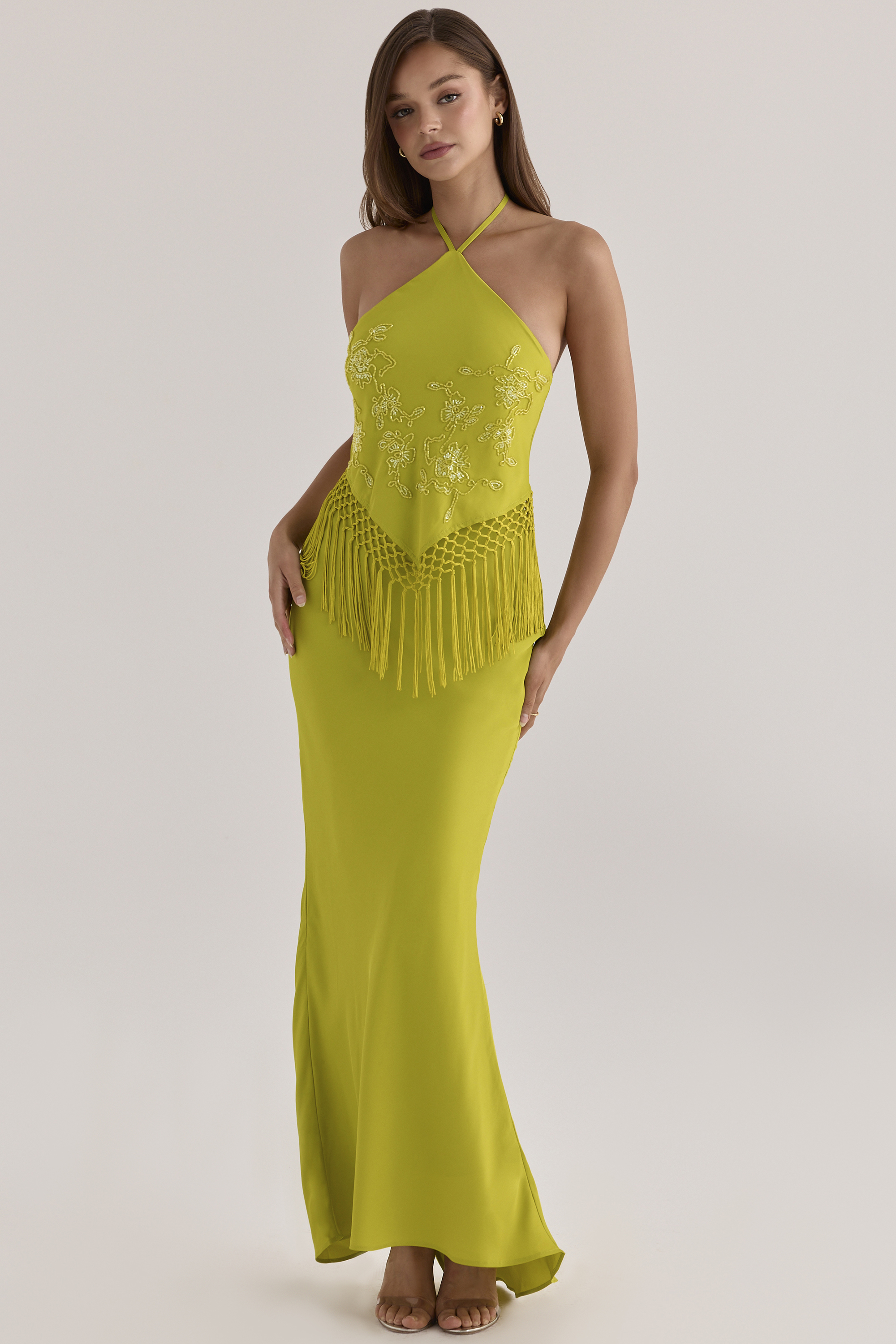 Sareena Chartreuse Satin Custom Embellished Fringed Maxi Dress