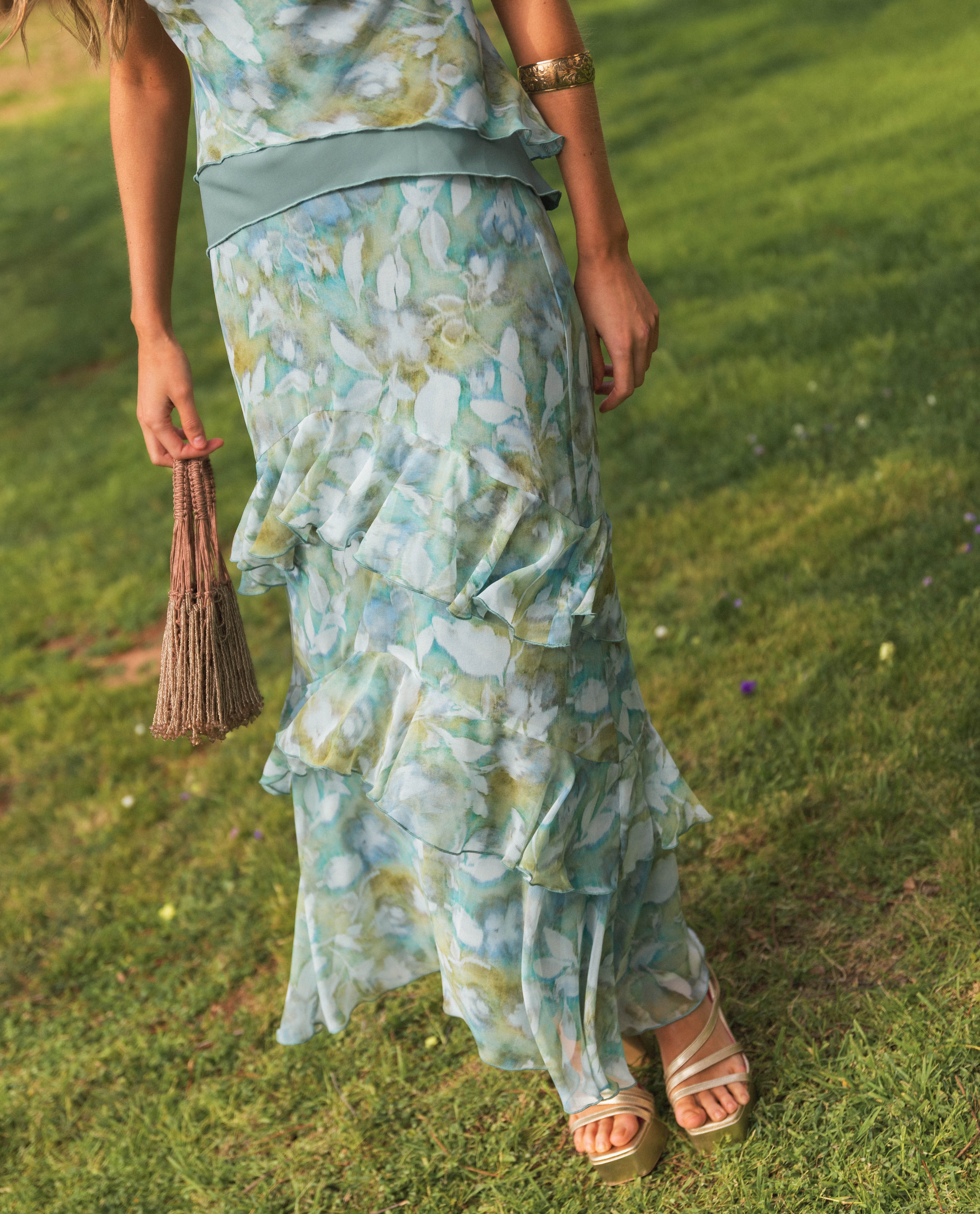 Sleeveless Halter Chiffon Top With Mermaid Ruffle Skirt