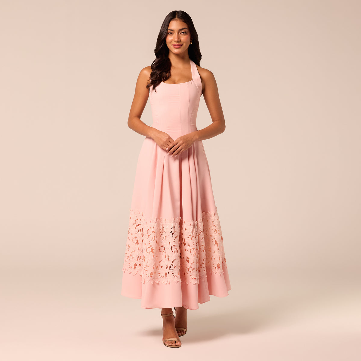 Pink Sleeveless Lace-Paneled Crepe Midi Dress