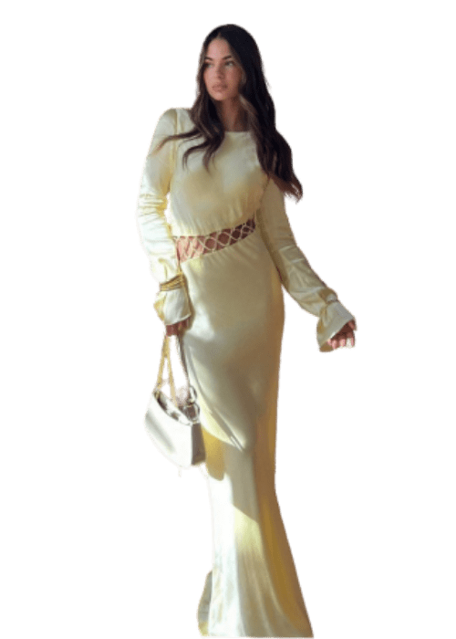 Yellow Cutout Waist Long Sleeve Dress