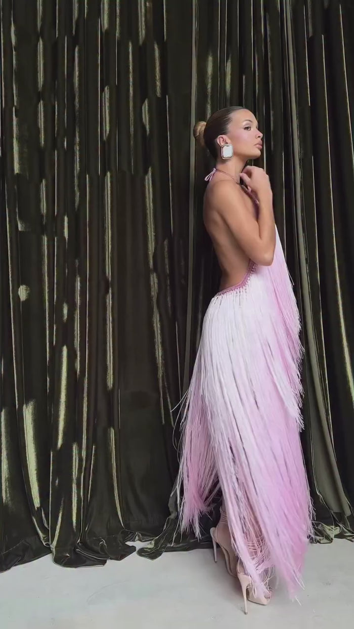 Veiled In Love Pink Fringe Halter Maxi Dress