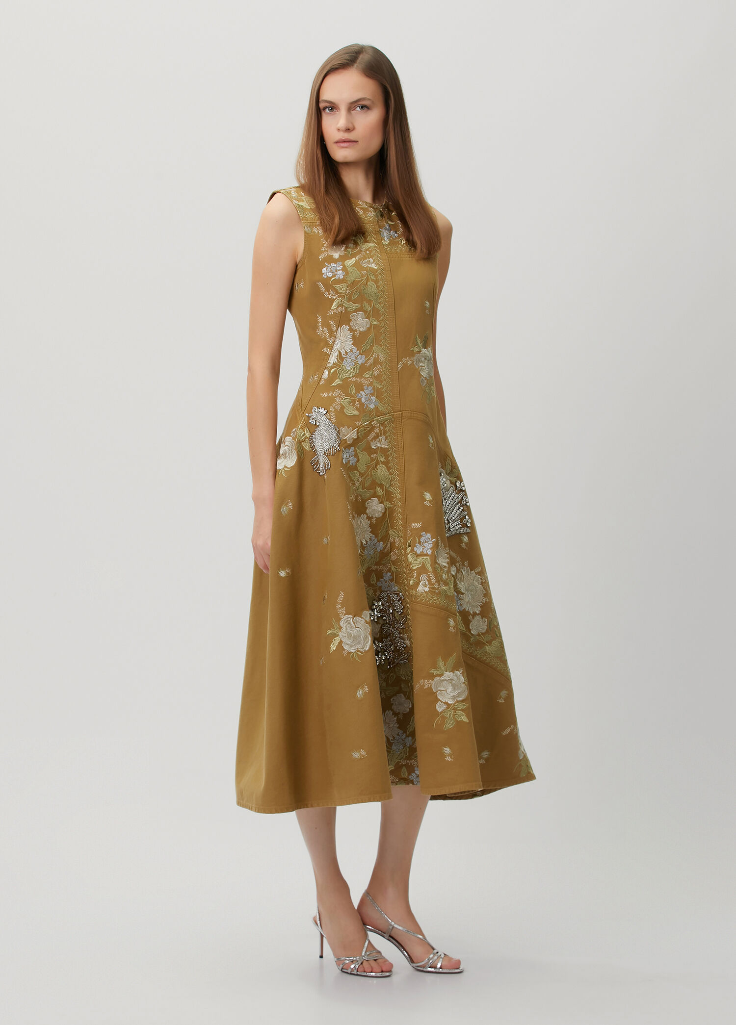 Khaki Floral Embroidered Midi Dress