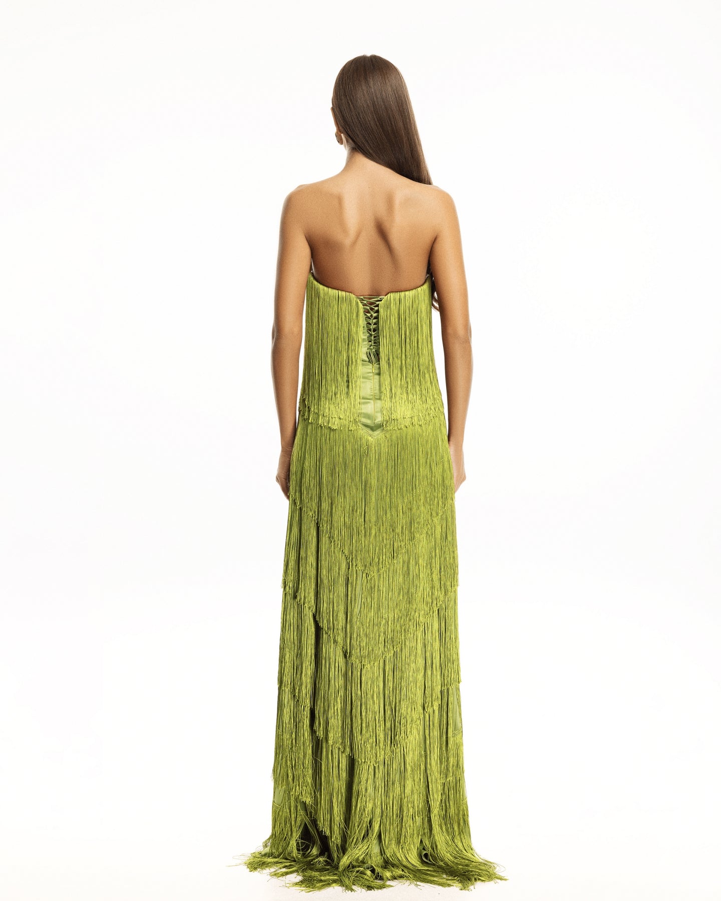Monroe Pistachio Fringe Strapless Gown