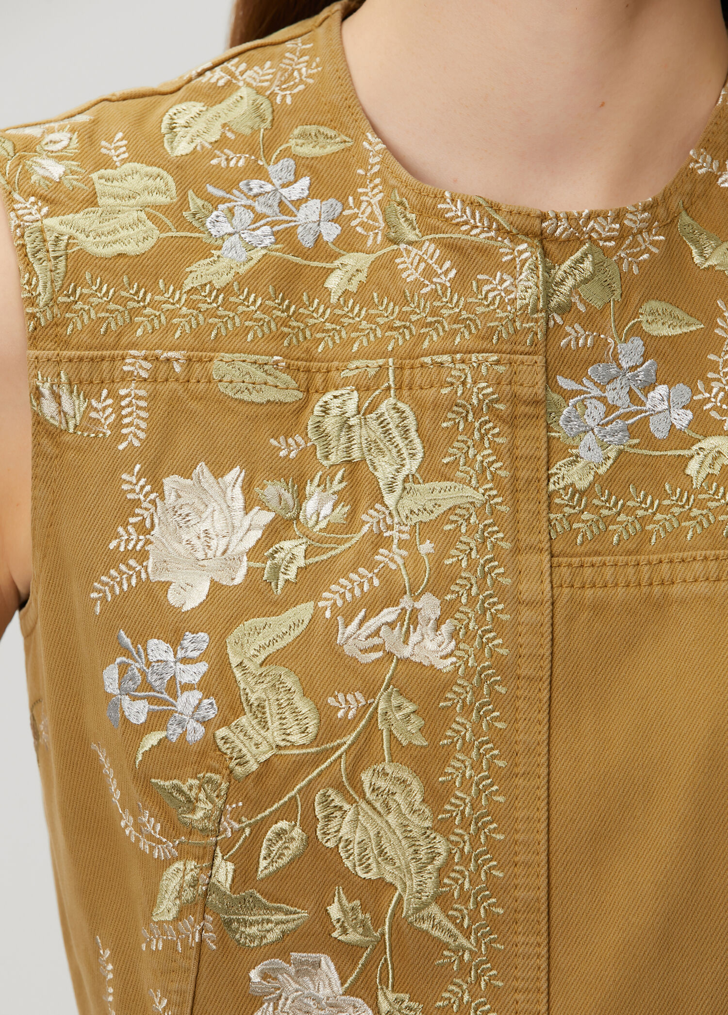 Khaki Floral Embroidered Midi Dress